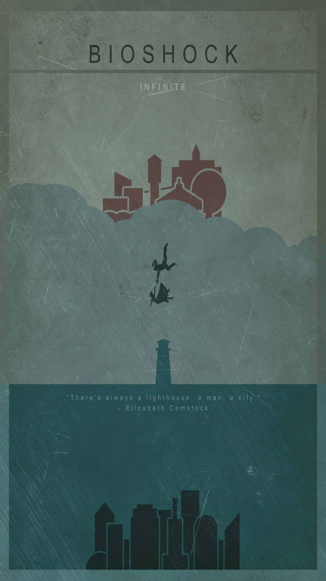 Android《生化奇兵無限》背景：極簡海報設計 壁紙 — Bioshock Infinite 的極簡海報，展示燈塔上方的浮空城市和下方的水下城市。