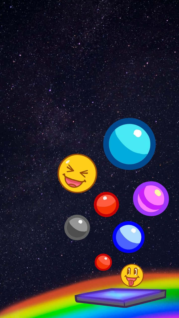 Android社交背景：表情符號從手機中彈出 壁紙 — 色彩繽紛的表情符號泡泡在星光燦爛的夜空中漂浮，下方是發光的彩虹平台。