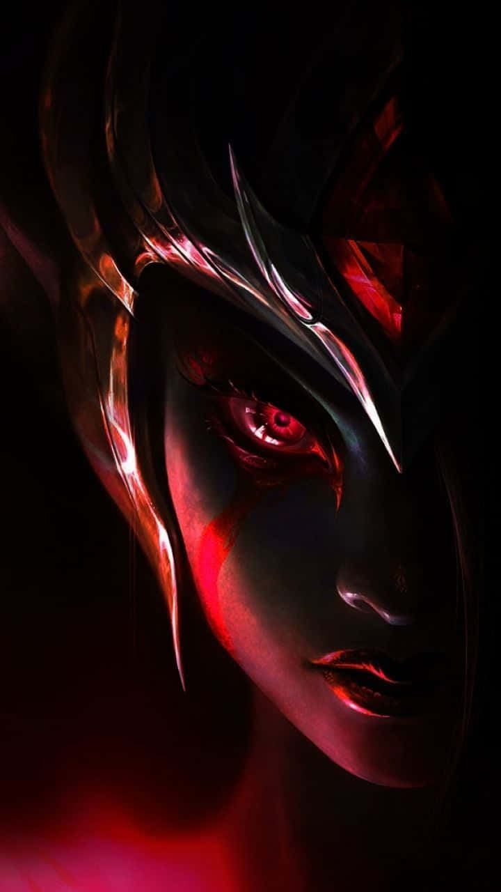 Android 上的宏大冒險遊戲 壁紙 — 一個黑暗奇幻的女性戰士肖像，擁有發光的紅色眼睛和金屬角，背景為黑色。