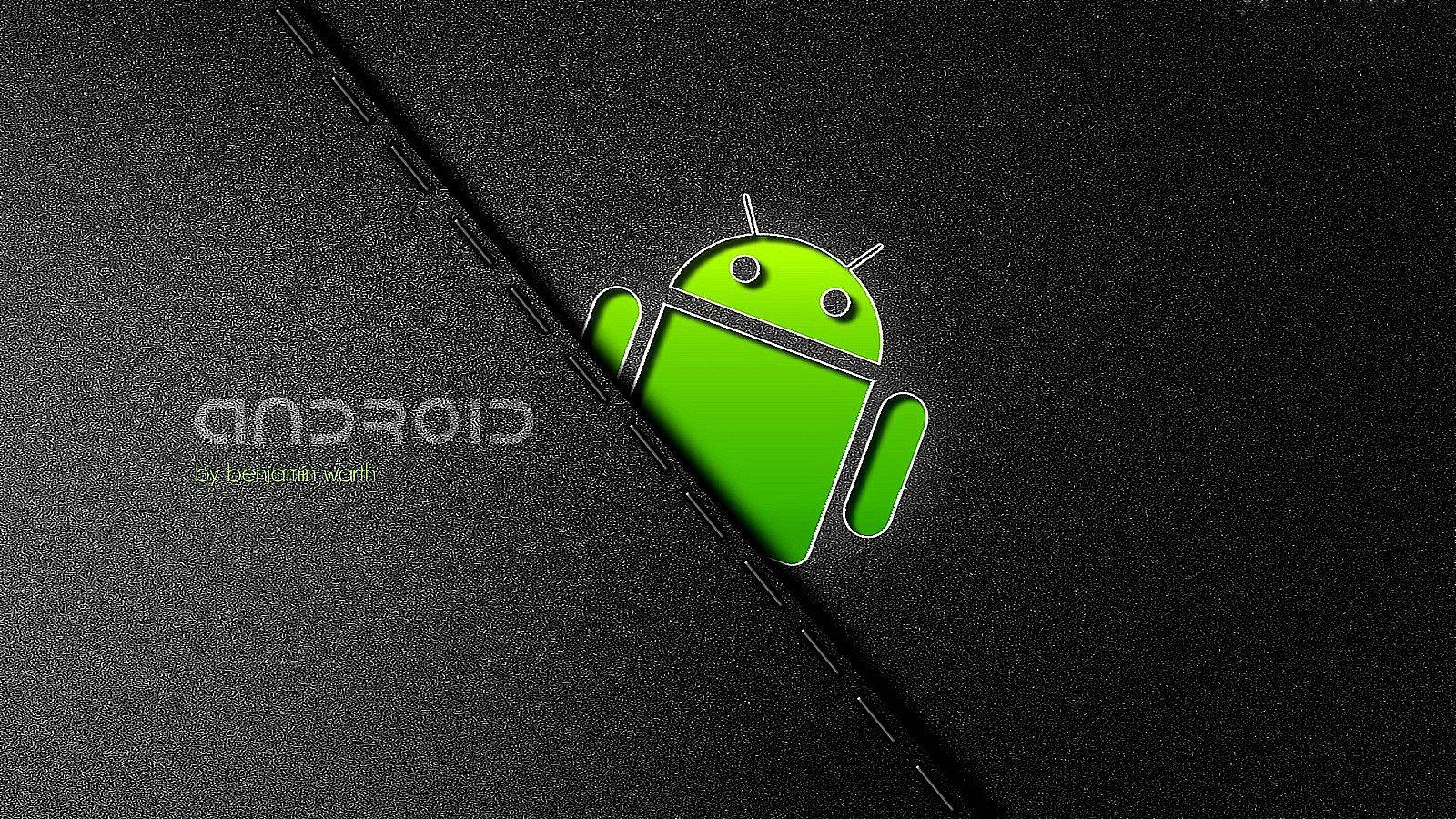 綠色Android機械人標誌從有縫線嘅黑色紋理背景中浮現。