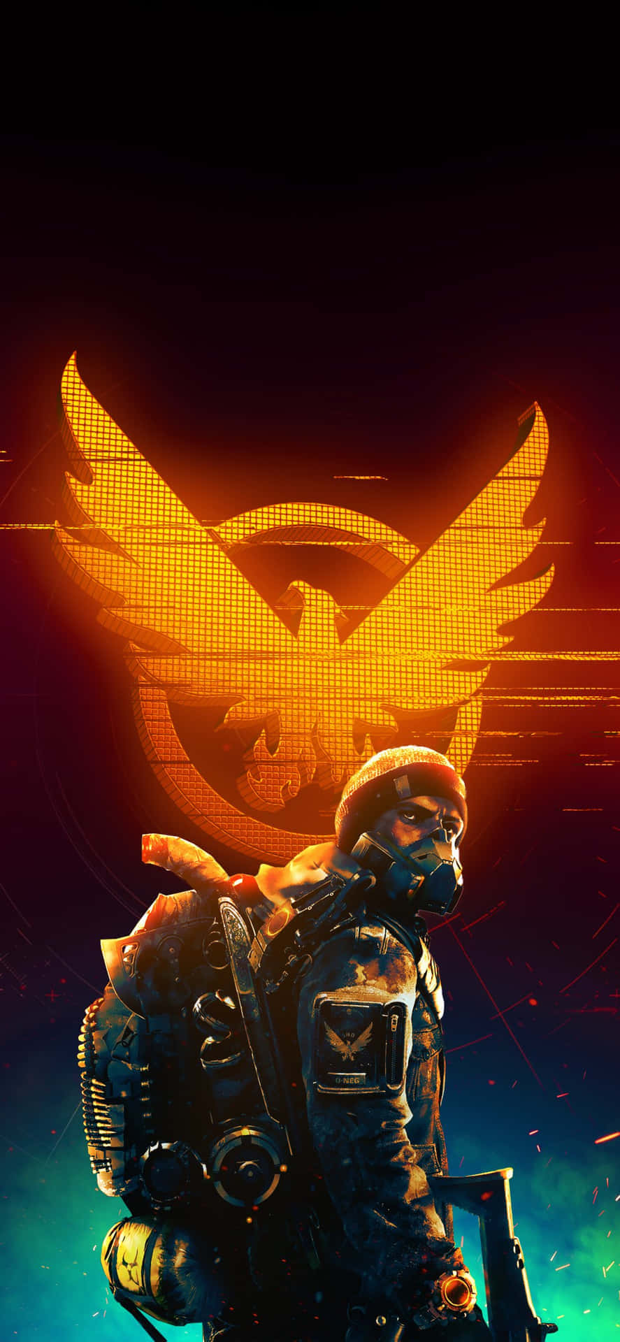 Android《反恐精英：全球 Offensive》士兵搭配鳳凰標誌背景 壁紙 — 一名身穿戰術裝備的未來士兵站在黑暗數位背景前，面前是一個發光的橙色鳳凰標誌。