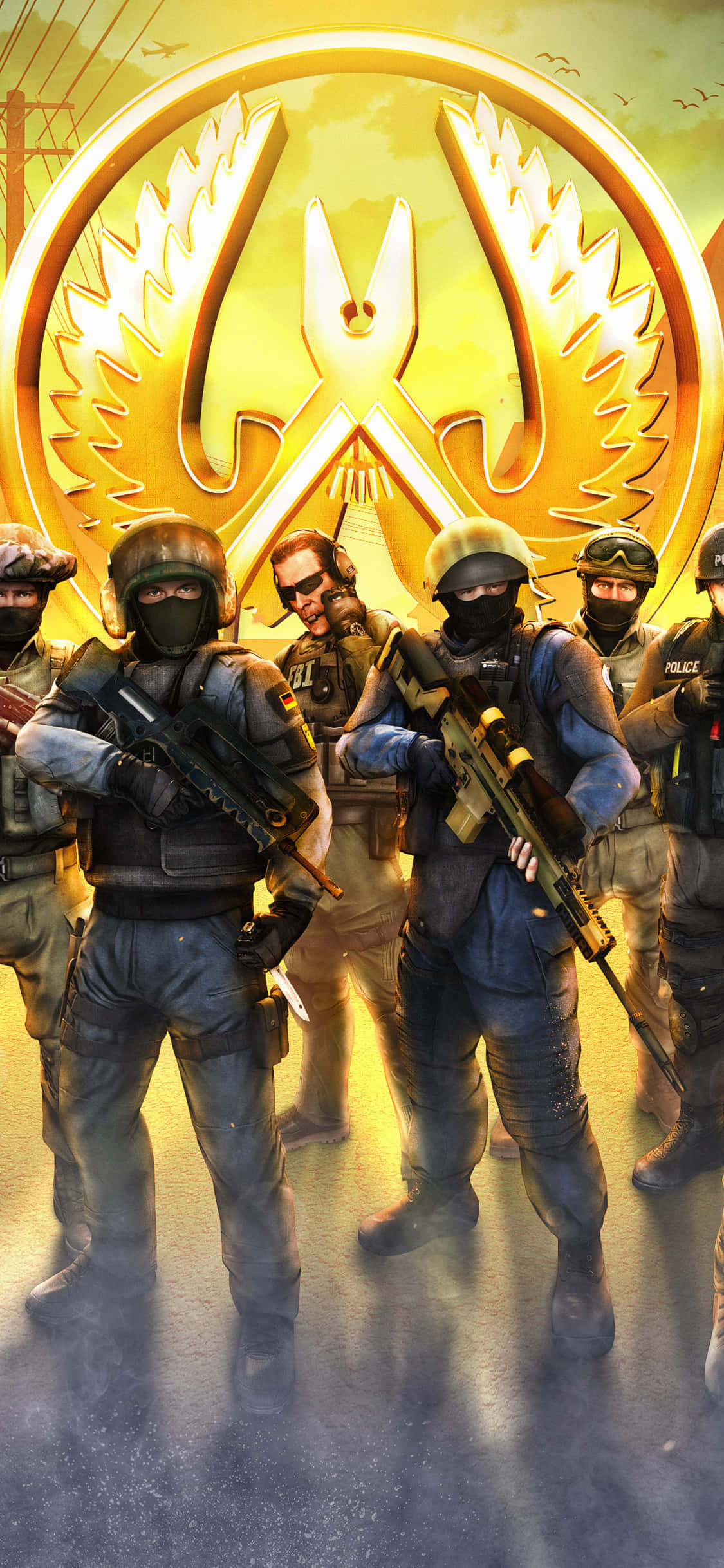 Android《反恐精英：全球 Offensive》反恐特種部隊標誌背景 壁紙 — 一隊全副武裝的戰術警察站在一個閃閃發光的金色徽章前，徽章上有交叉的鉗子和翅膀。