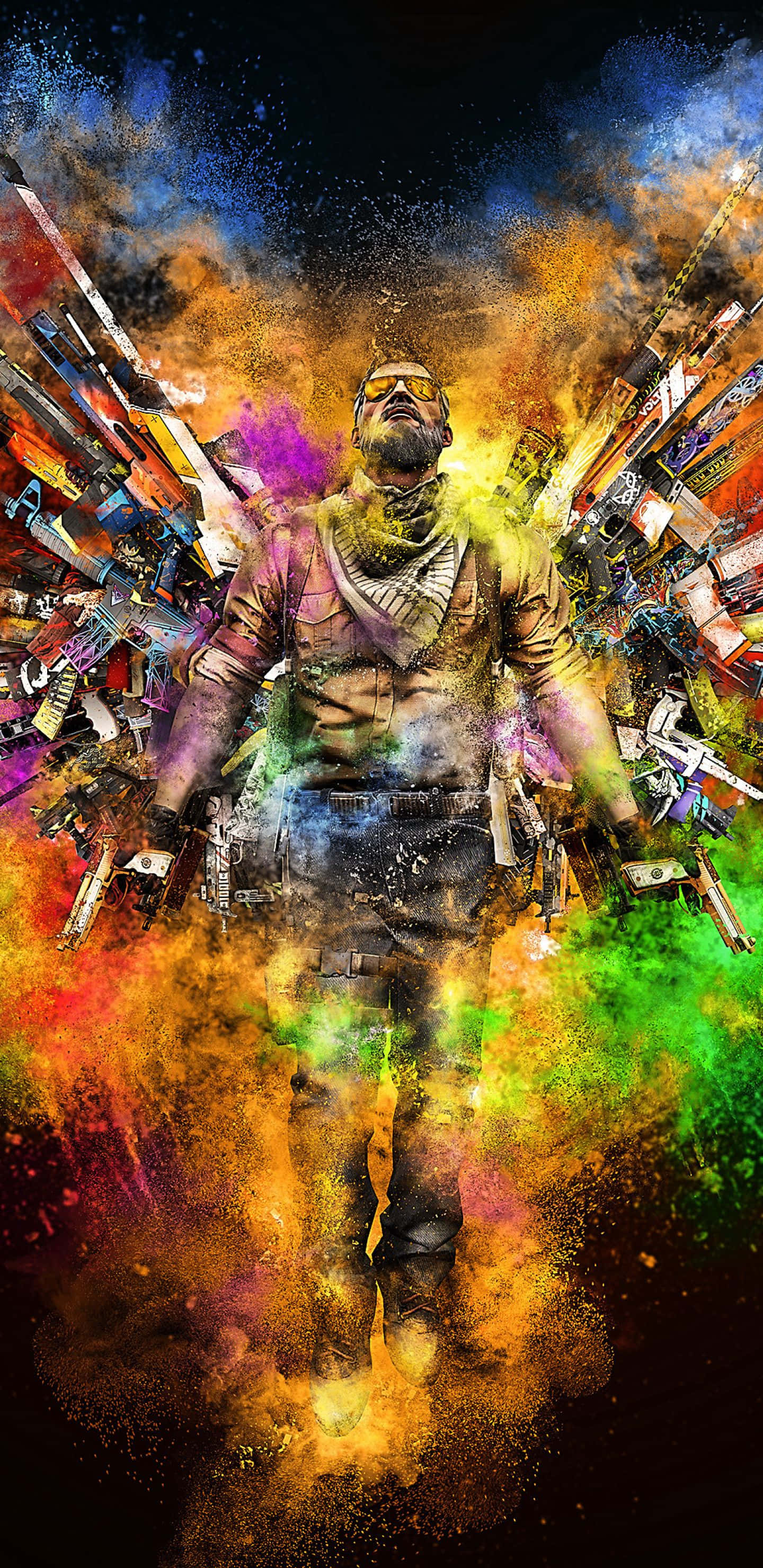 Android《反恐精英：全球 Offensive》持槍翅膀恐怖分子背景 壁紙 — 一個戴著太陽眼鏡和圍巾的男人站在色彩繽紛的火藥和武器的爆炸中，背景是繁星點點的夜空。