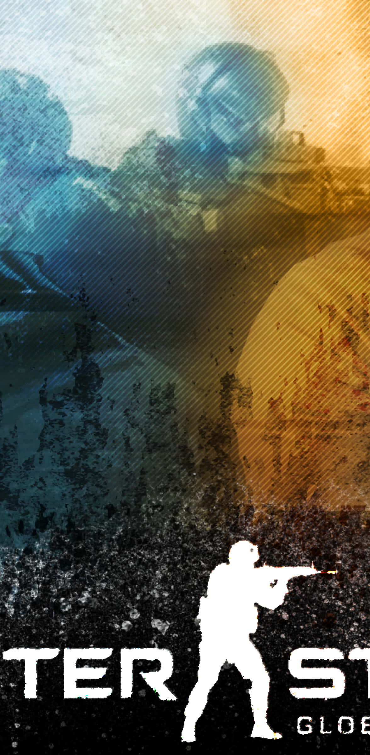 Android《反恐精英：全球 Offensive》反恐特種部隊橙藍效果海報背景 壁紙 — 一幅粗糙的數碼藝術牆紙，以士兵剪影為特色，背景為分裂的藍色和橙色，帶有褪色的戰鬥圖像。