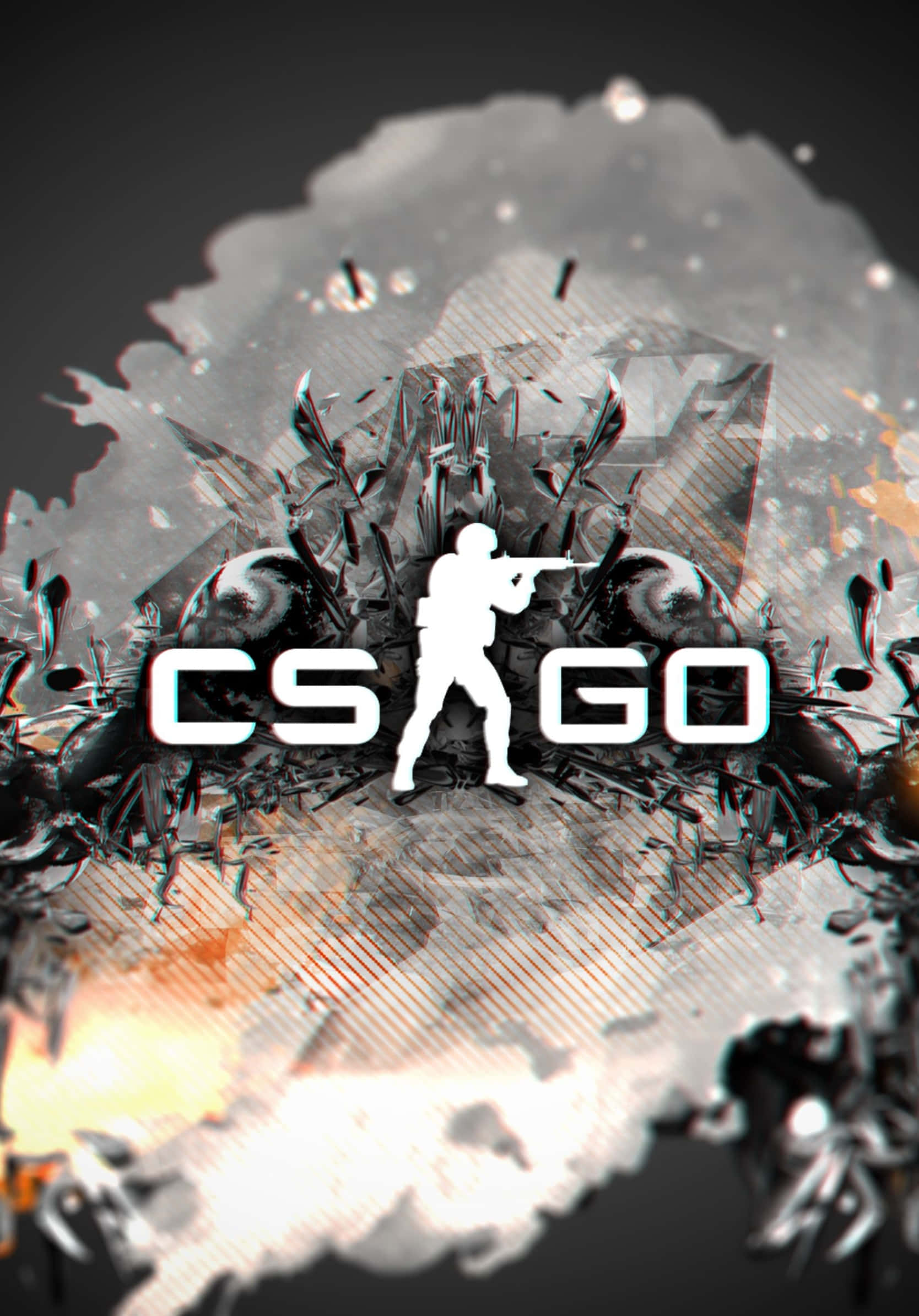 Android《反恐精英：全球 Offensive》CSGO 標誌灰色爆炸海報背景 壁紙 — 一個白色剪影，描繪CS:GO玩家在黑暗粗糙的背景中，於破碎玻璃和爆炸碎片之間開火。