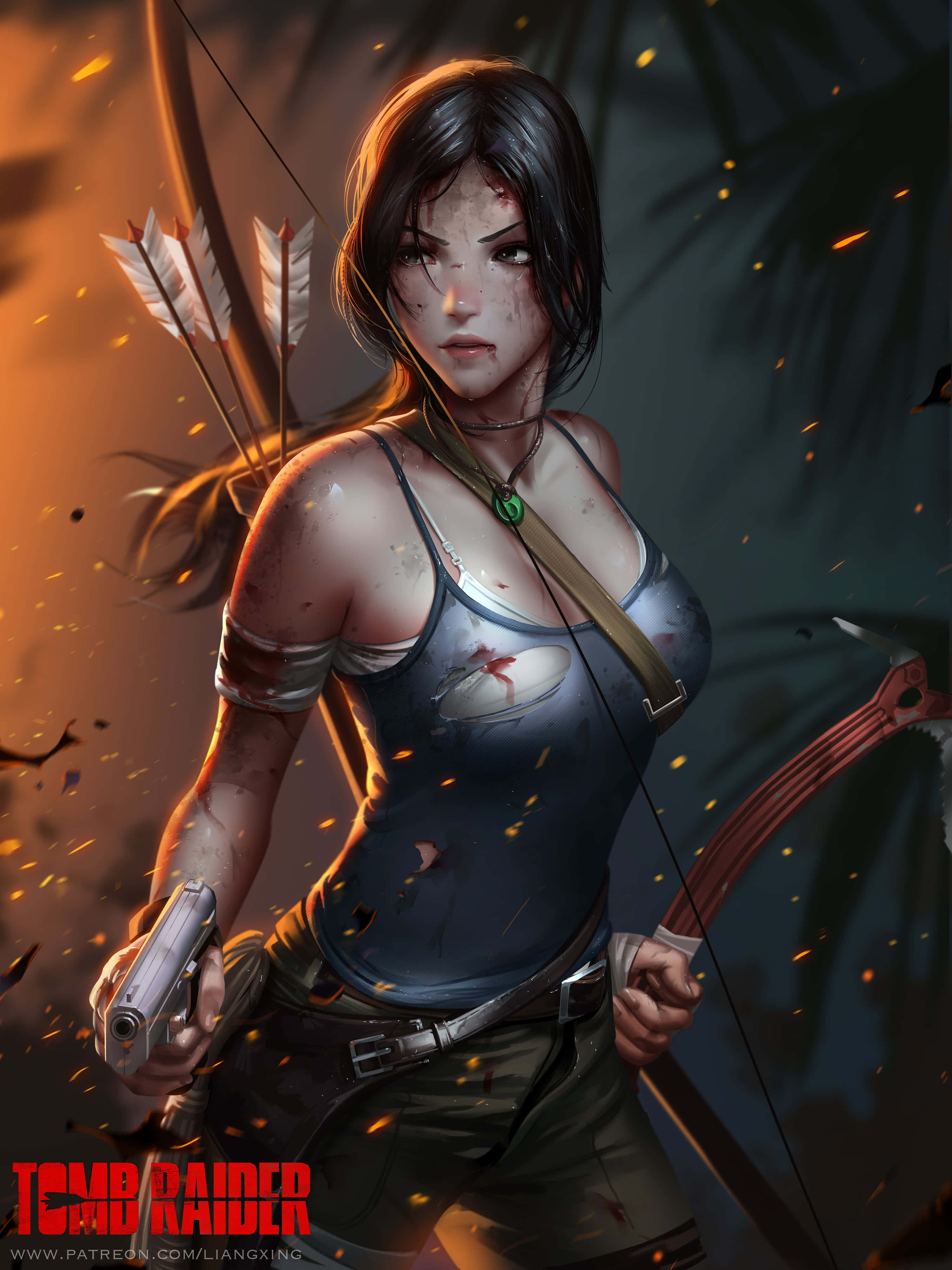 Android《古墓麗影：崛起》背景圖 - 弓箭 壁紙 — 一位兇猛的 Tomb Raider 戰士手持弓箭和手槍，站在熾熱的餘燼和叢林樹葉中。