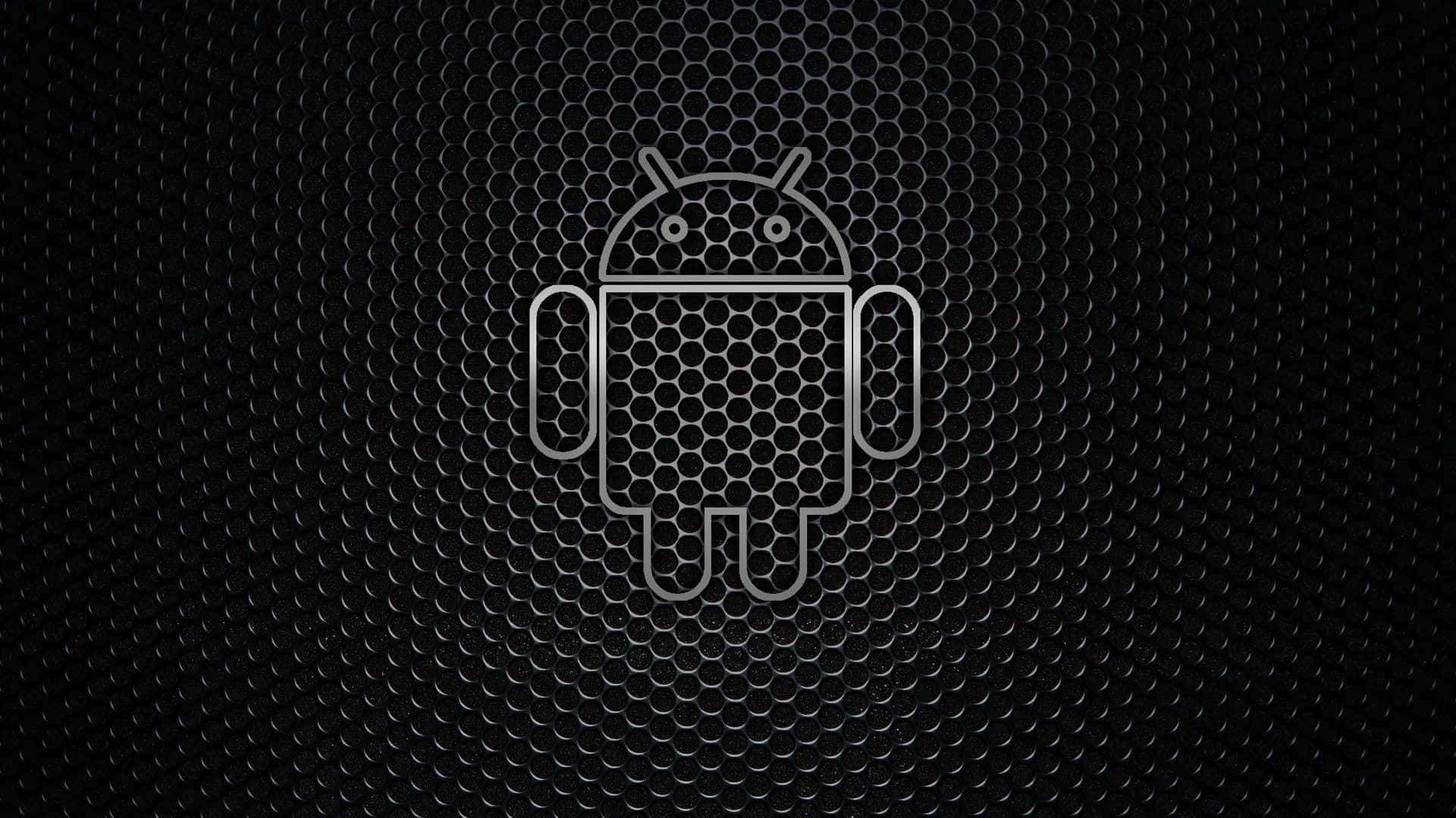 平板電腦 桌布 壁紙 — Android 機械人標誌以銀色勾勒在深色六角網格背景上。