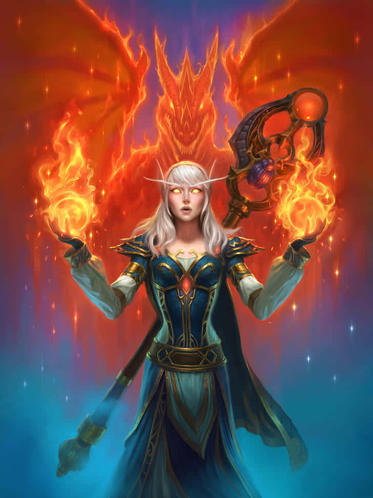 一個擁有發光眼睛和火焰翅膀的奇幻法師，揮舞著魔法球體和法杖。