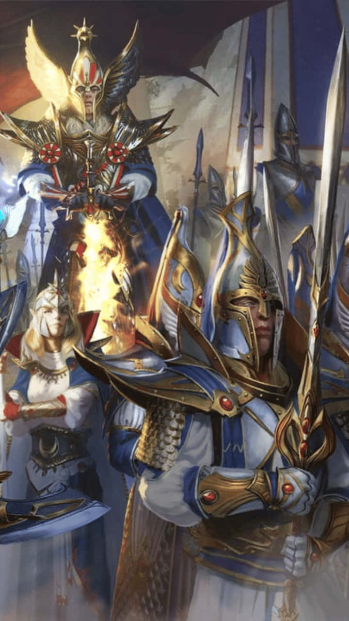 Android 版《Total War - 準備征服！》 壁紙 — 一支宏偉的奇幻軍隊，由一位揮舞著發光劍、長有翅膀的裝甲將軍率領，以戲劇性的英雄姿態準備戰鬥。