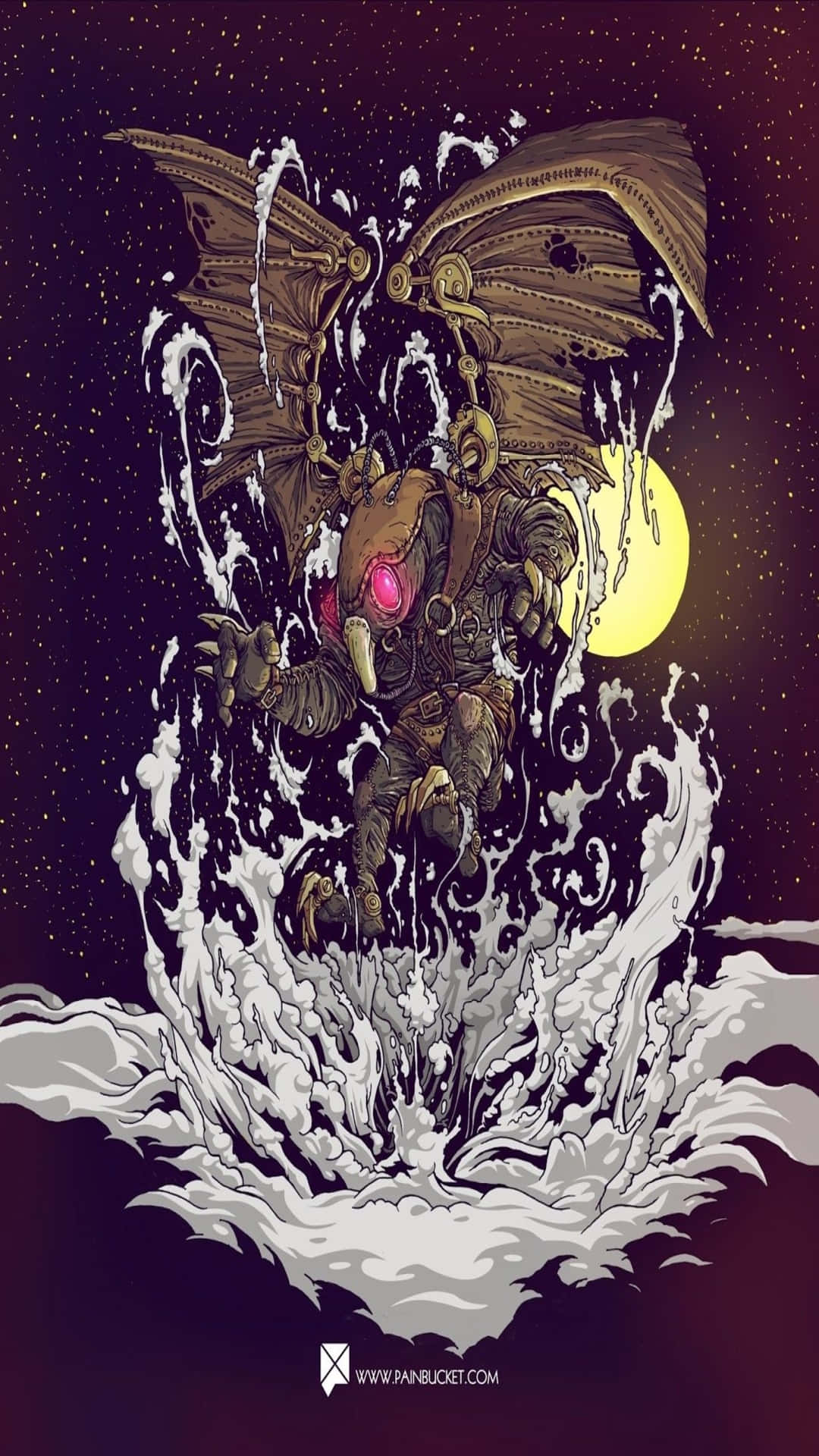 蒸氣龐克蝙蝠在黃色月亮下從水中升起，眼睛發光。