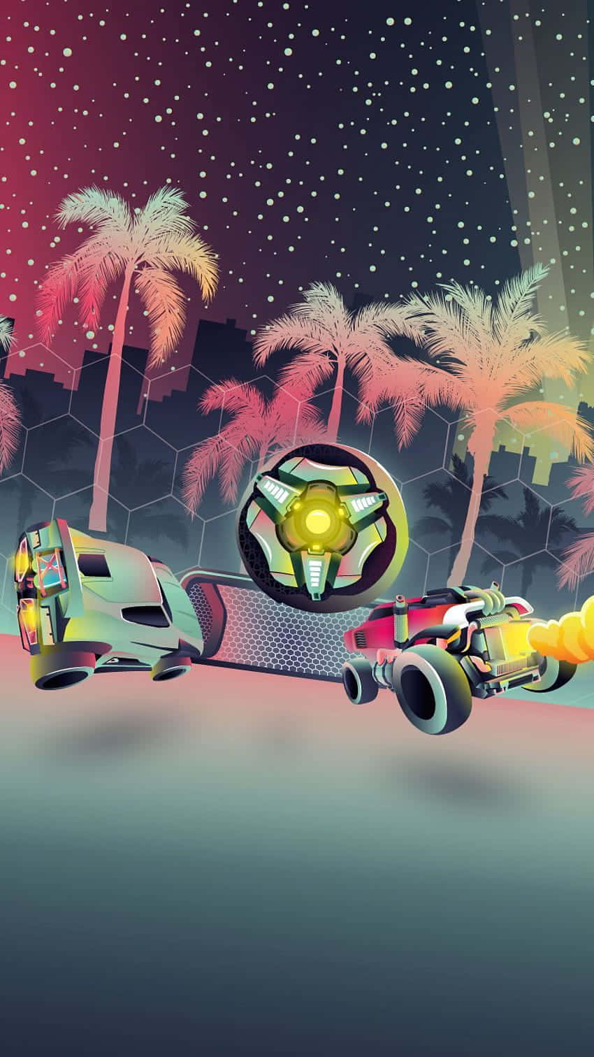 Android 裝置上《Rocket League》的刺激介面 壁紙 — 兩輛未來主義賽車在霓虹燈閃爍的熱帶夜晚中疾馳，周圍有棕櫚樹和一個發光的傳送門。