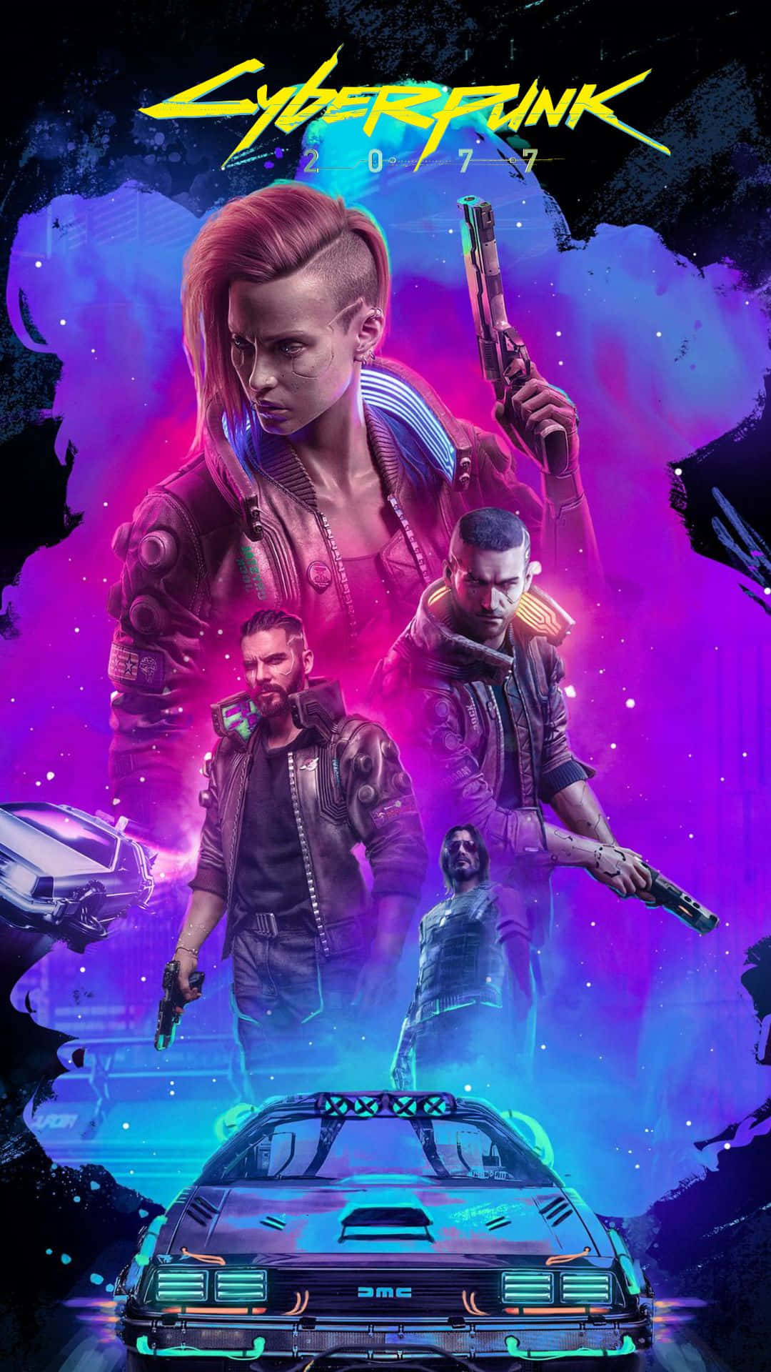 Android《賽博朋克2077》背景：持槍人物海報 壁紙 — 《電馭叛客2077》海報，展示霓虹燈浸染的角色和一輛發光的汽車，背景是充滿活力的紫色和藍色數位背景。