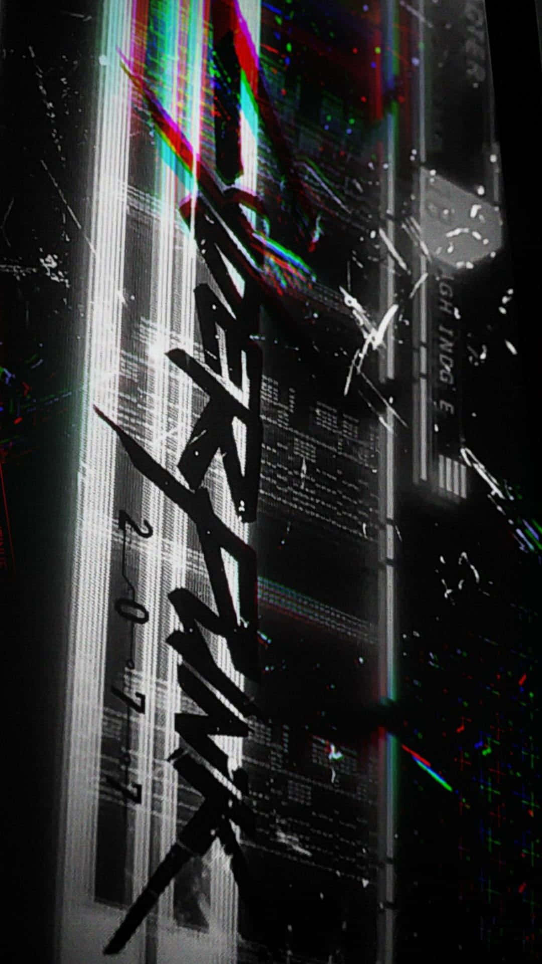 Android《賽博朋克2077》背景：黑白海報 壁紙 — 故障藝術壁紙，在深色數位網格背景上帶有粗體黑色文字和鮮豔的色差條紋。