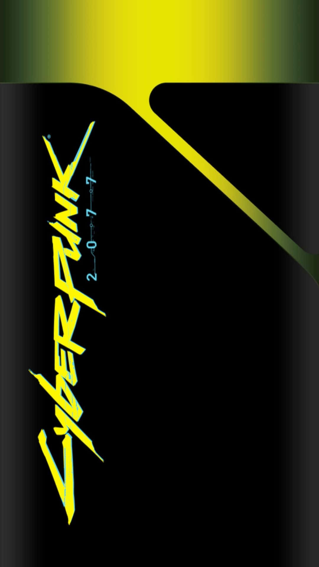 Android《賽博朋克2077》背景：黑黃海報 壁紙 — Cyberpunk 2077 標誌在純黑色背景上發出霓虹黃色光芒，並帶有動態的對角漸變。