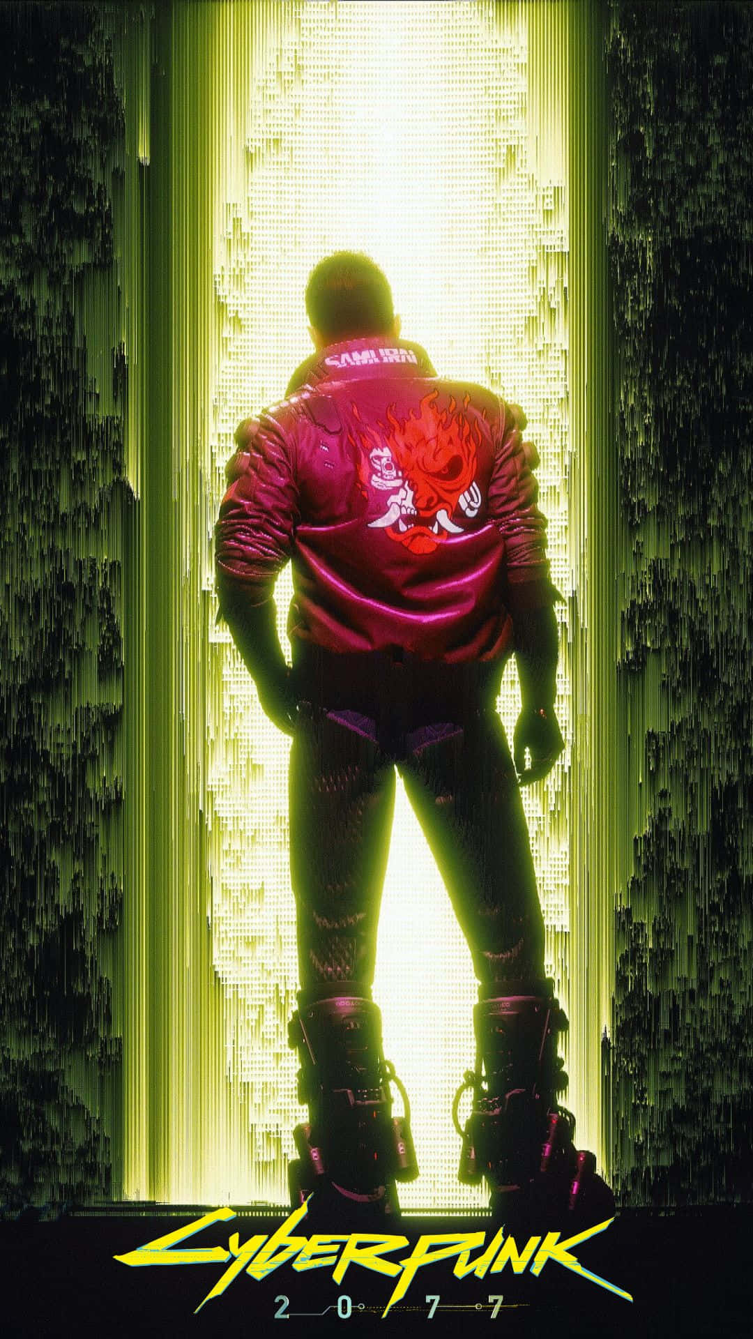 Android《賽博朋克2077》背景：穿紅夾克男子 壁紙 — 一個孤獨的身影穿著紅色外套，在賽博朋克場景中背光站在發光的綠色數位傳送門前。