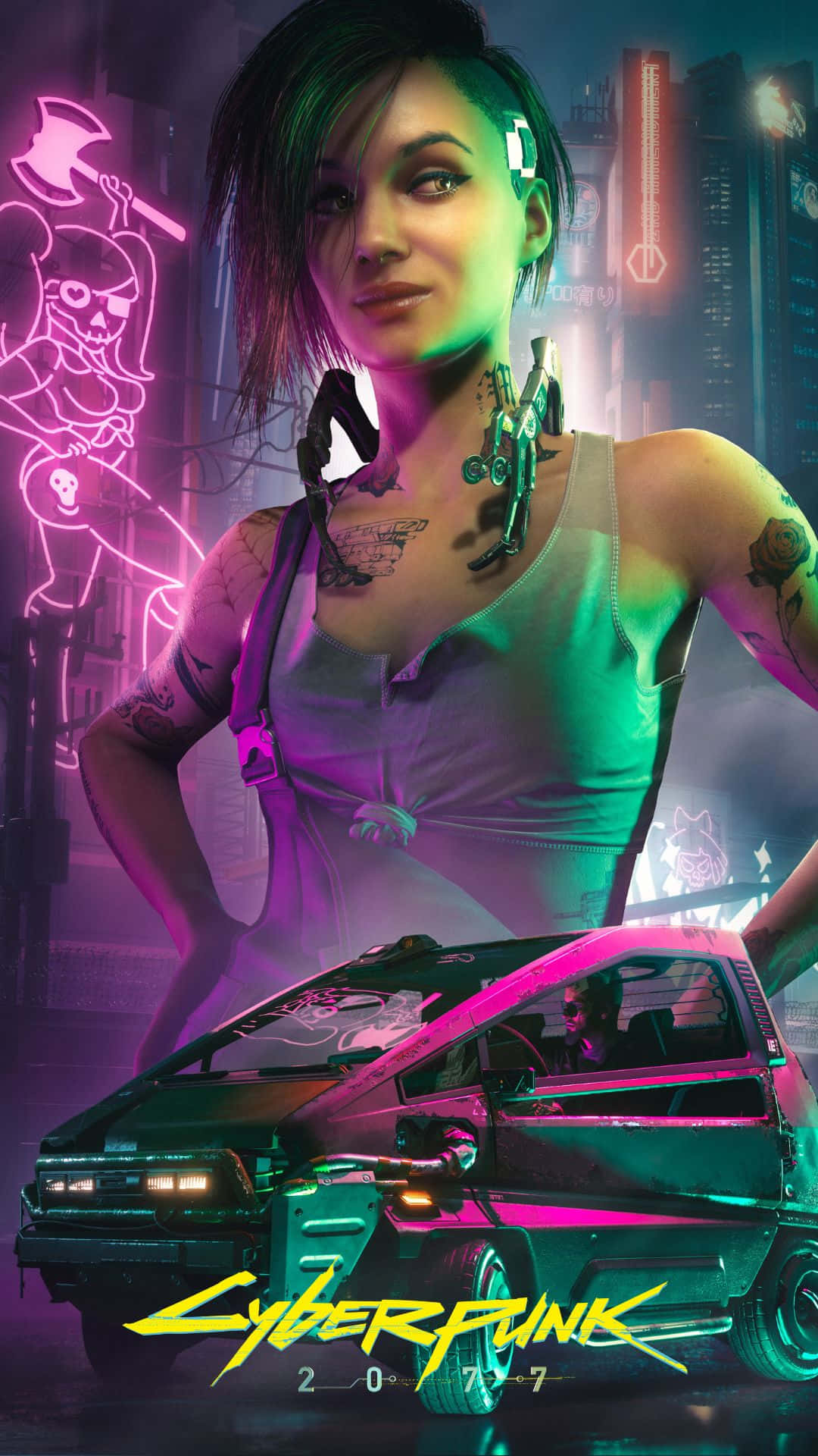 Android《賽博朋克2077》背景：朱迪·阿爾瓦雷茲遊戲海報 壁紙 — 一位帶有發光紋身的賽博龐克女性站在一輛霓虹燈照亮的汽車旁，身處雨濕的未來城市景觀中。