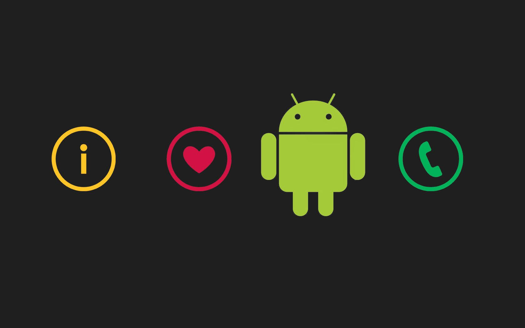 深色背景上帶有資訊心形和電話符號的Android機器人圖示。