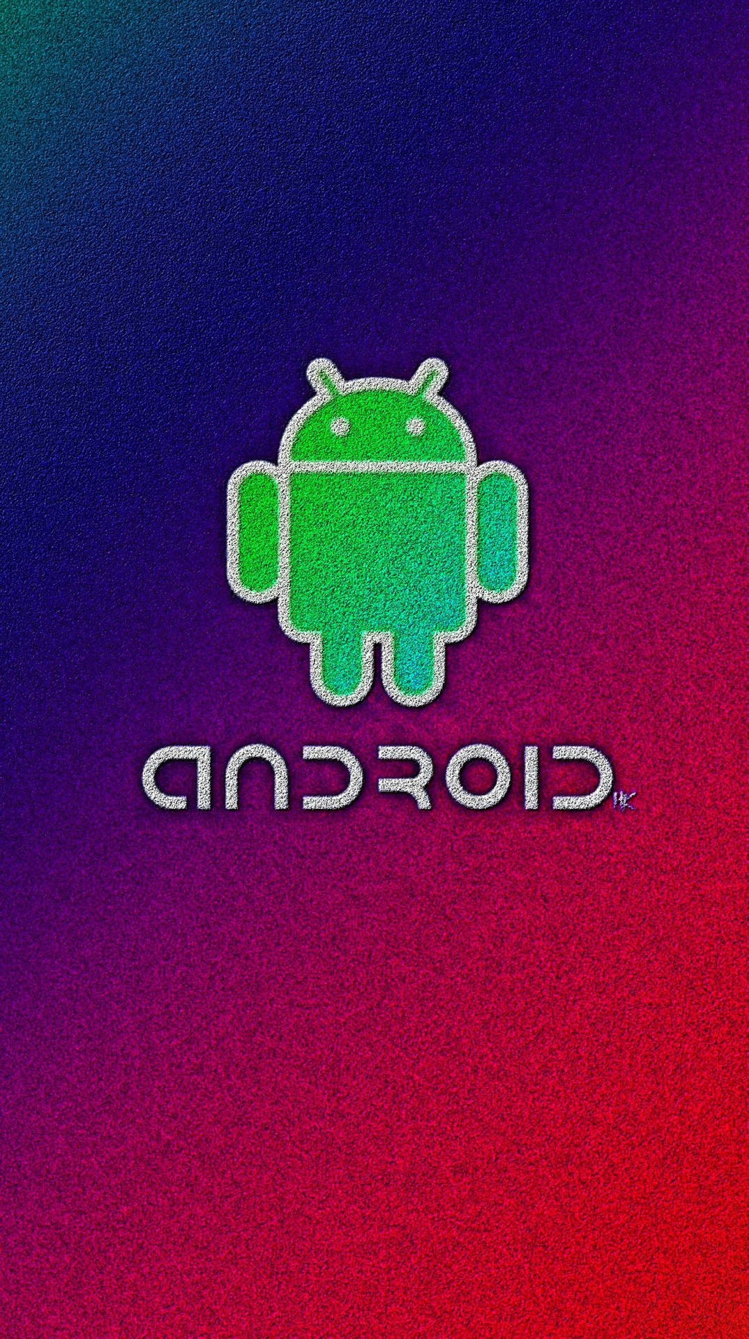 綠色Android機械人標誌，帶有閃爍輪廓，置於彩色漸變背景上。