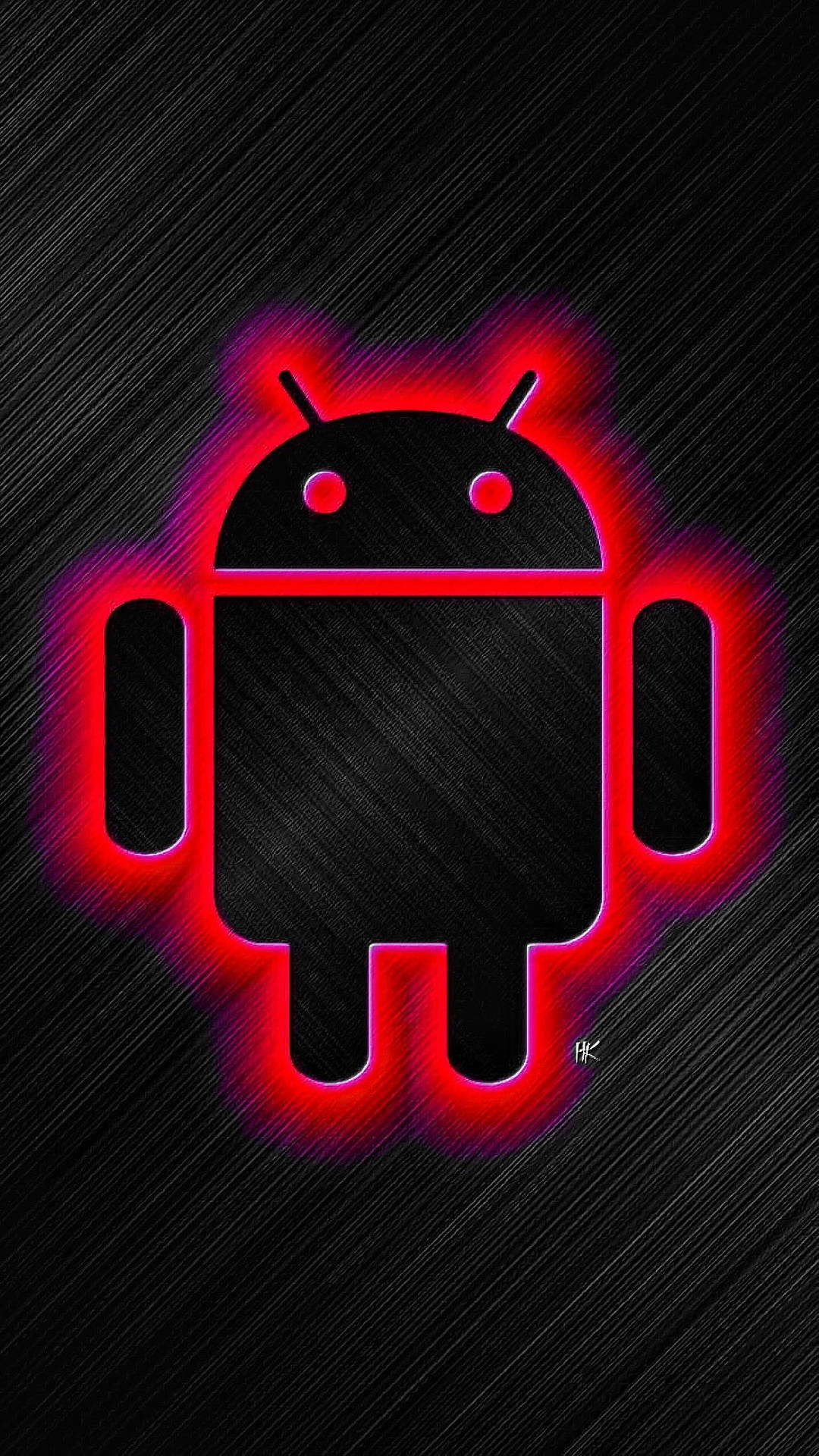發光紅色Android機械人圖標在拉絲黑色金屬背景上。