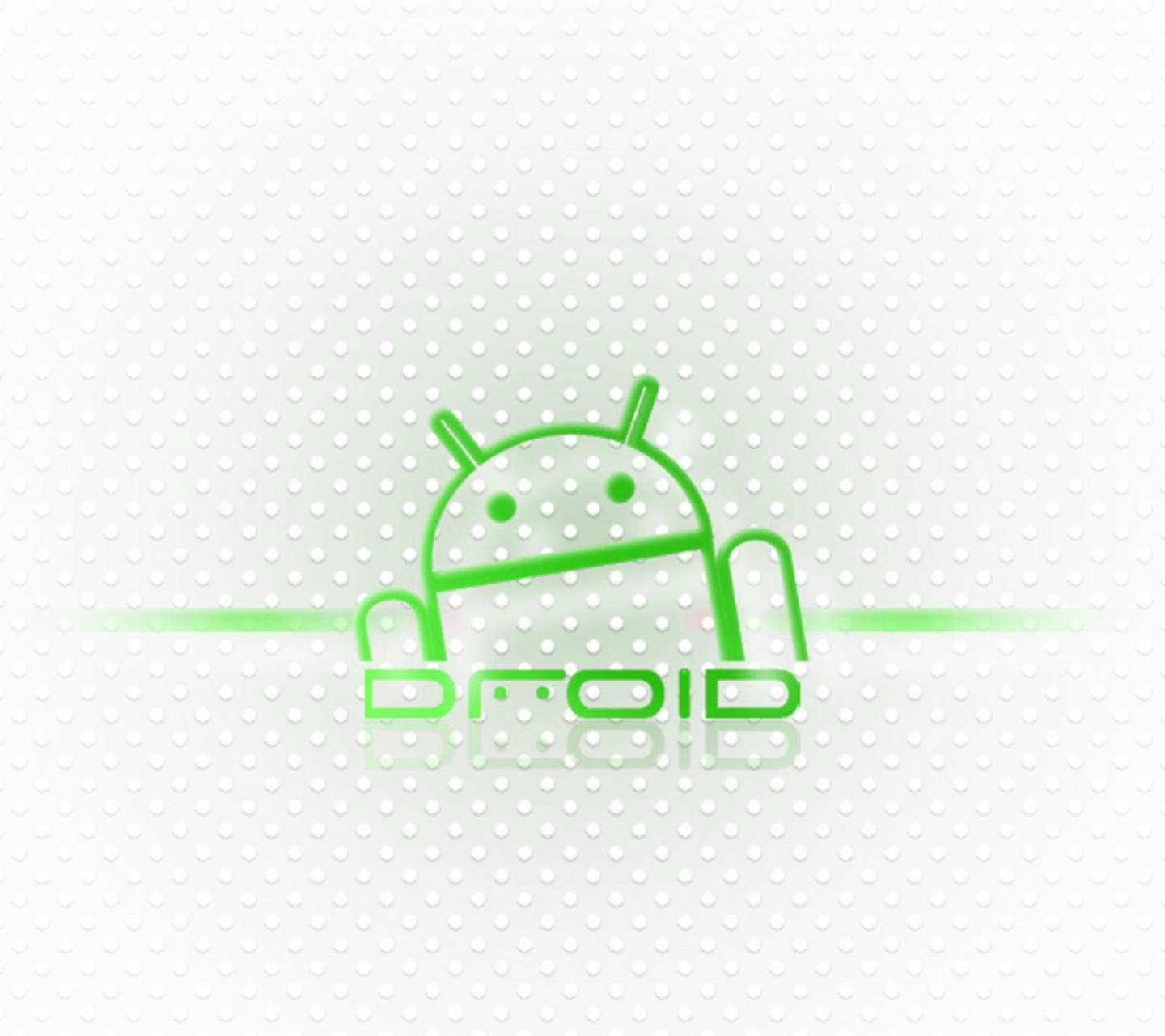 發光的綠色Android機械人標誌在白色穿孔背景上。