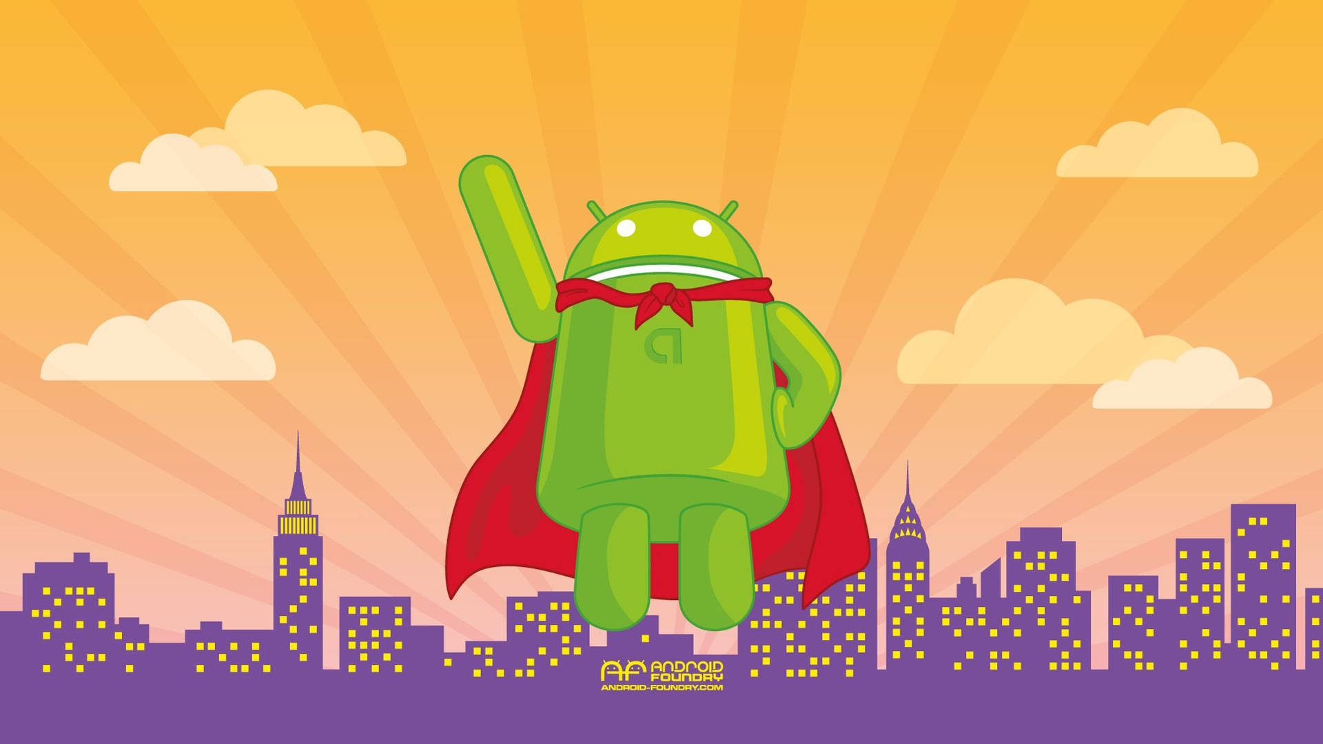 綠色Android超級英雄披著紅色斗篷，在夕陽下翱翔於發光的城市上空。