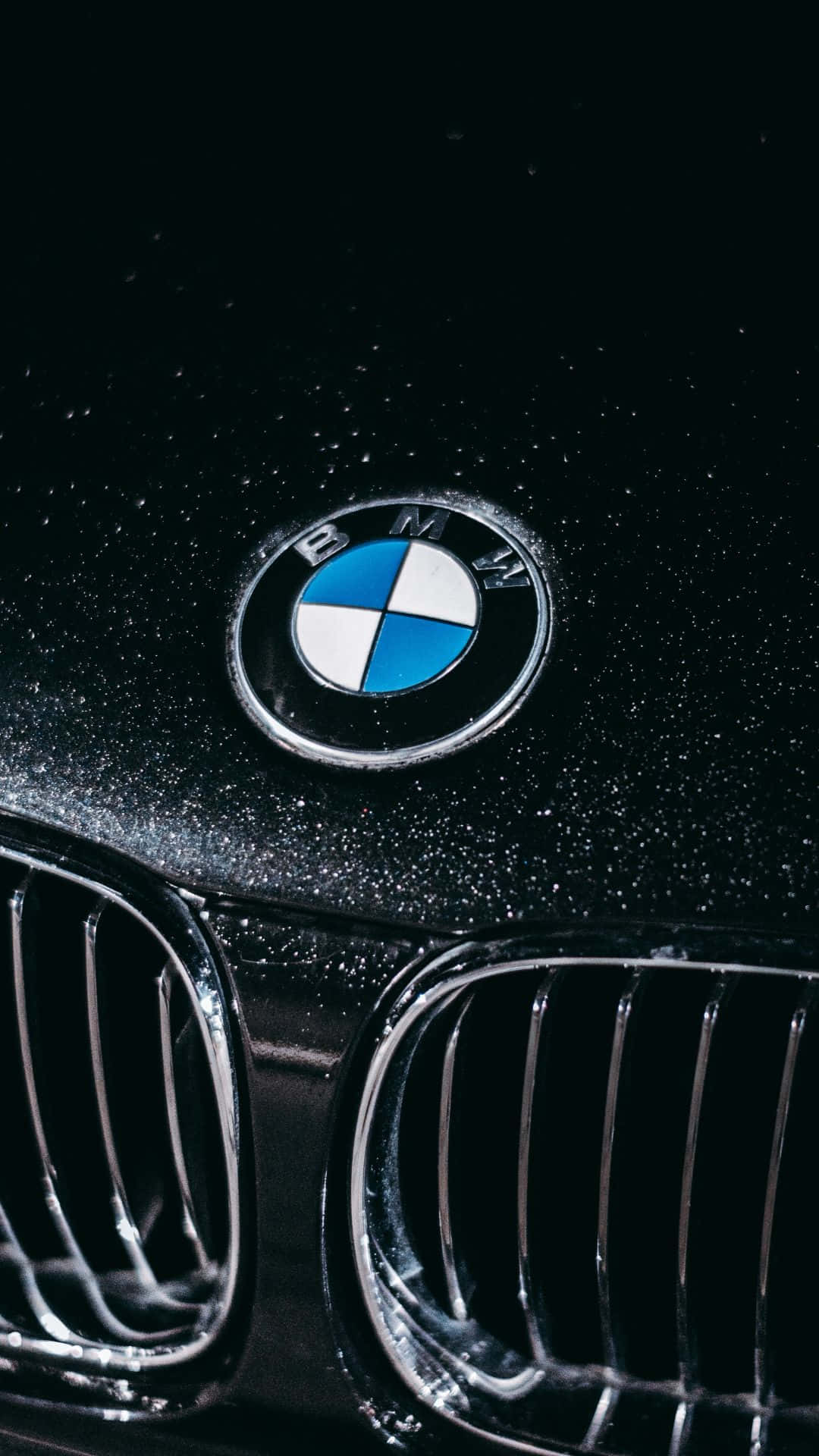 Android 驅動的 BMW 全貌盡顯 壁紙 — BMW 標誌在濕黑色引擎蓋上閃耀的特寫，帶有鍍鉻格柵細節。