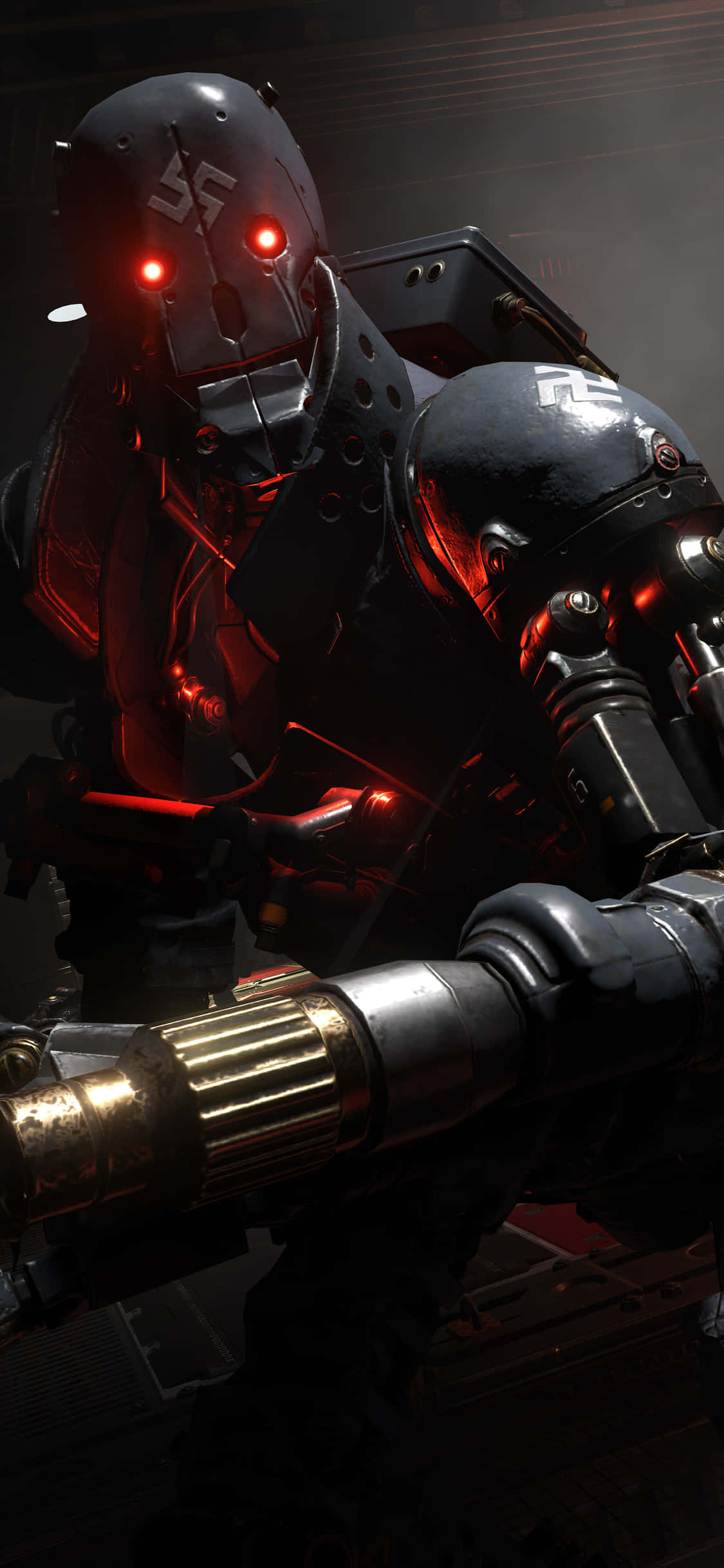 Android 驅動的《Wolfenstein II：新巨像》強大戰力 壁紙 — 一個在昏暗工業環境中，擁有發光紅眼和重型武器的威脅性裝甲士兵。