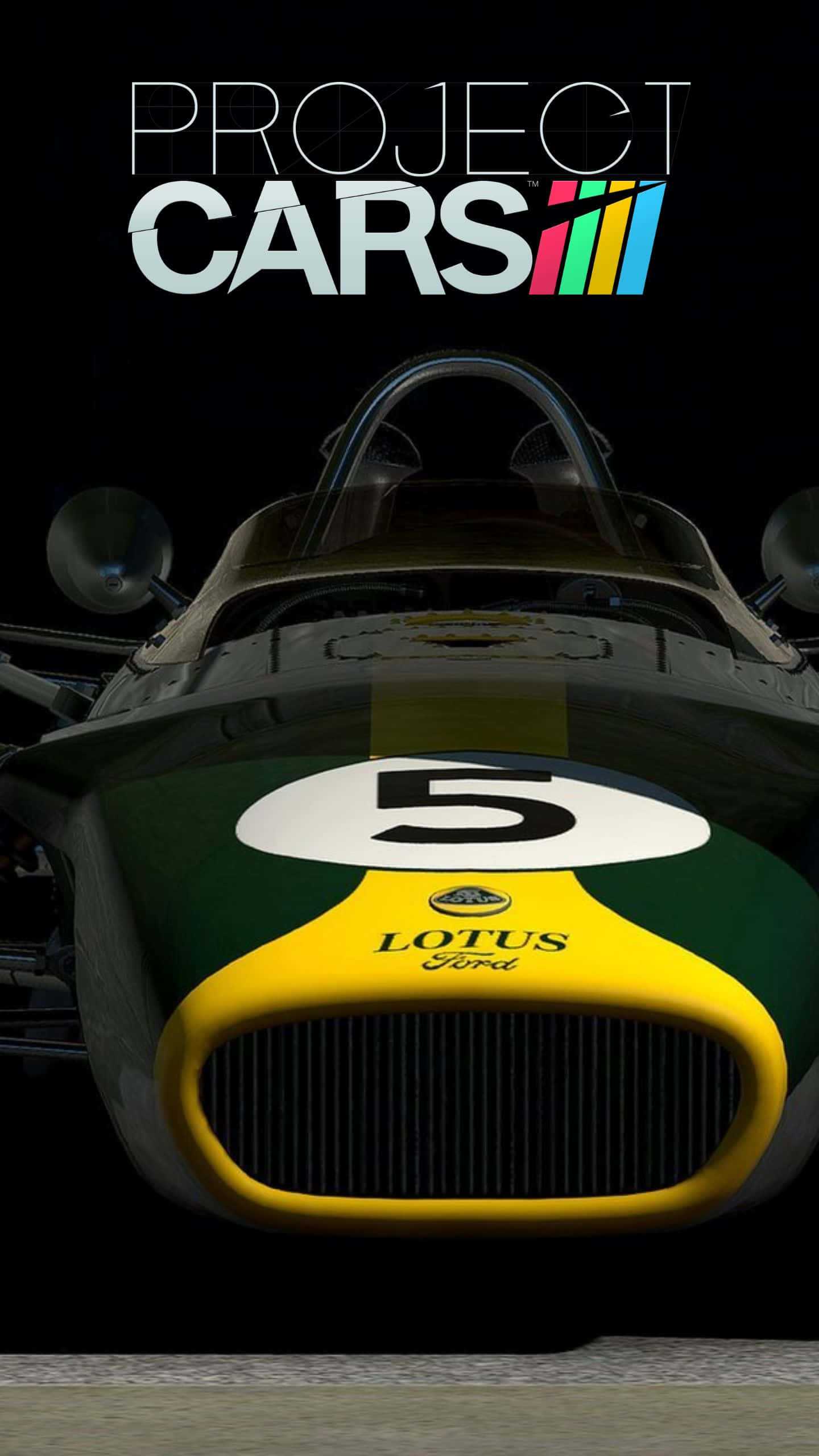 以高質感駕馭Android版Project Cars 壁紙 — 一輛復古綠色和黃色的蓮花福特賽車，編號5，在Project CARS標誌下佔據了黑暗背景。