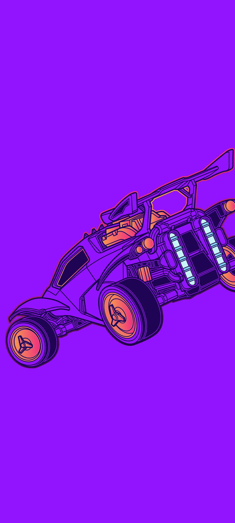 Android《Rocket League》紫粉系背景 壁紙 — 一輛風格化的紫色沙灘車，帶有發光的橙色輪子和藍色點綴，背景為純紫色。
