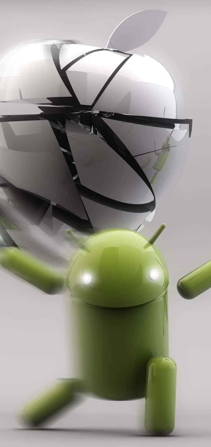綠色Android吉祥物跑過破碎的Apple標誌。