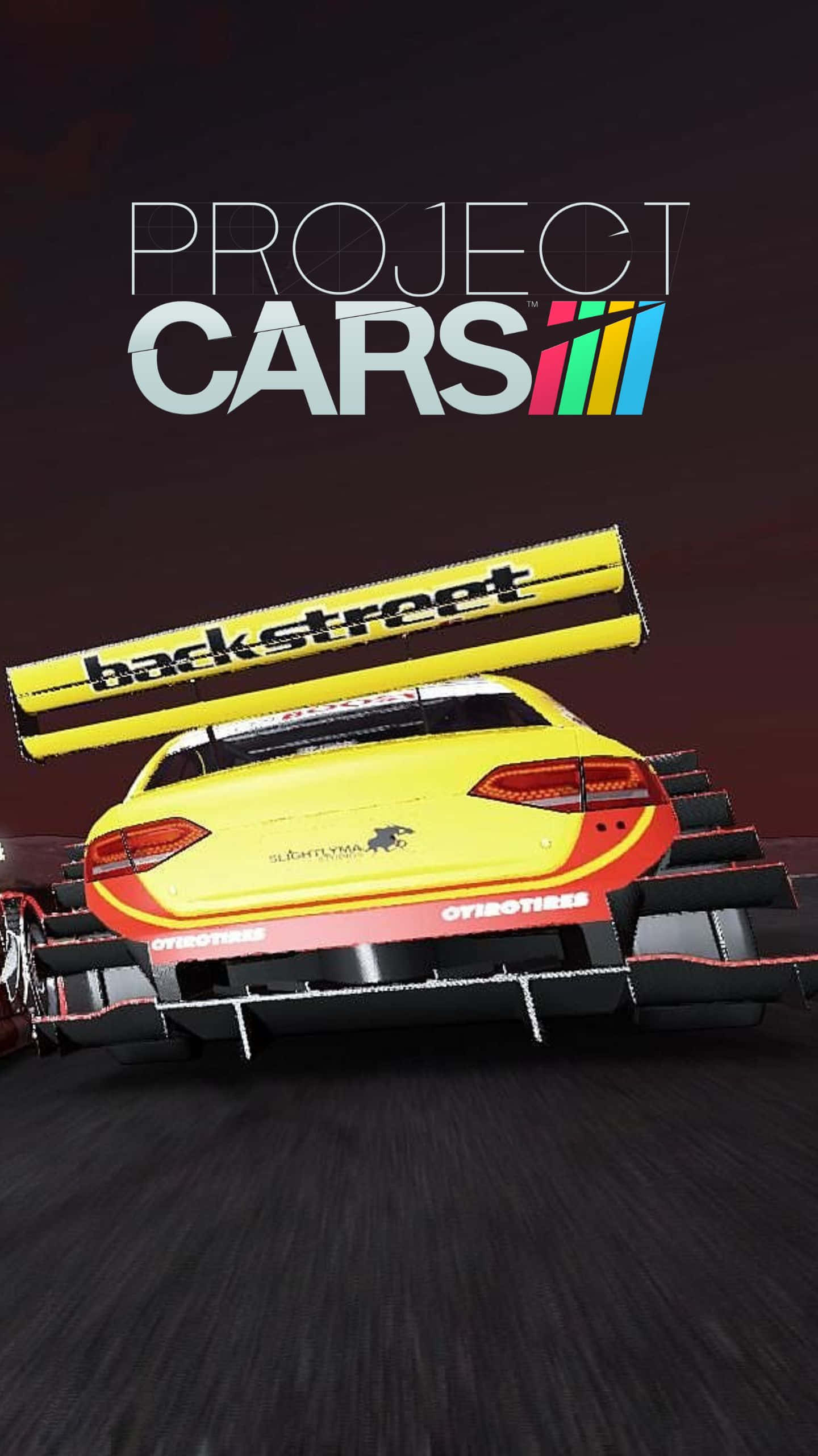 Android版Project Cars，高品質3D賽車畫面 壁紙 — 一輛充滿活力的黃色賽車帶有 'backstreet' 品牌，在深紅色天空下的黑暗賽道上疾馳。