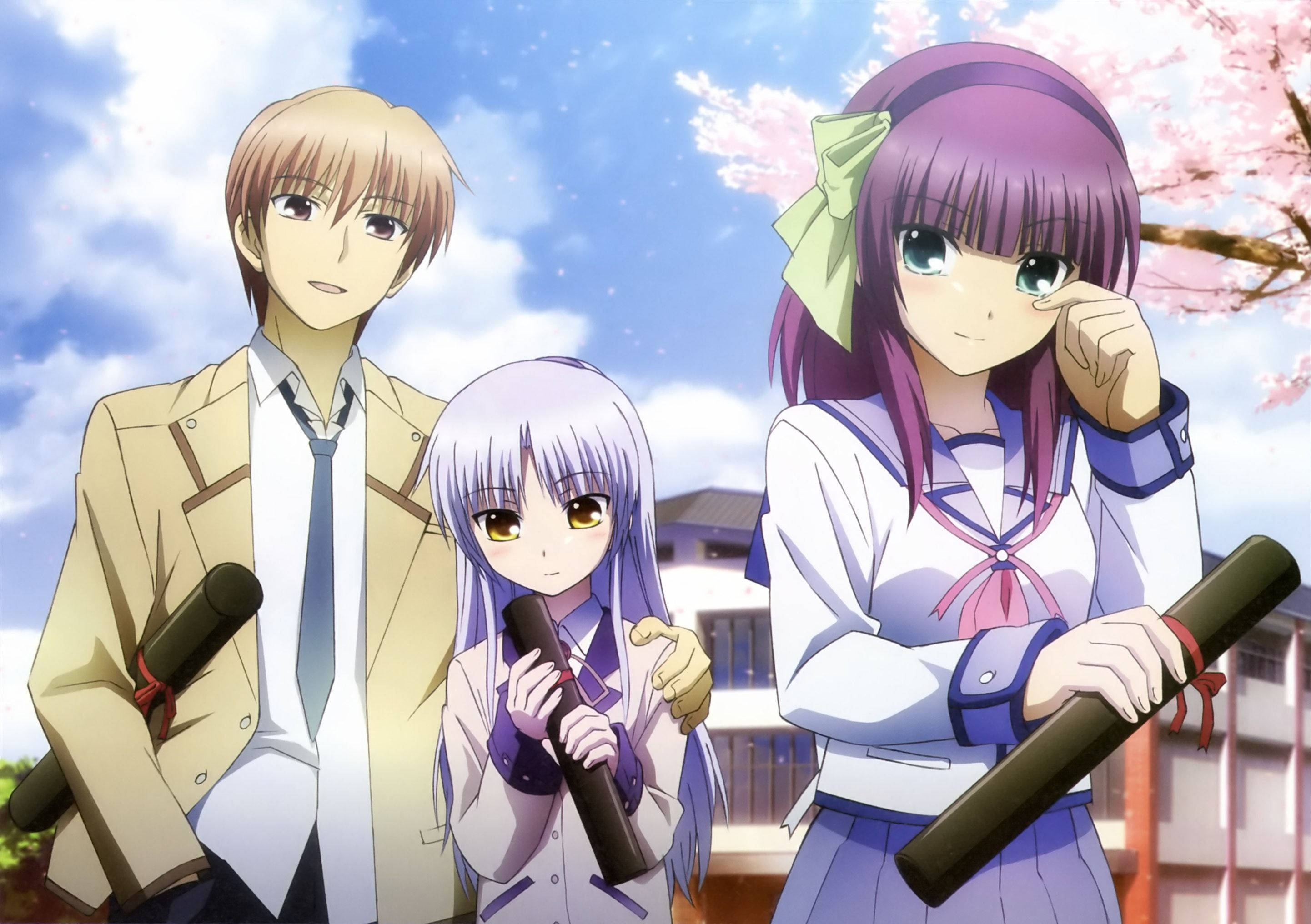 動畫情侶 Angel Beats 壁紙 — 三名動畫學生穿著校服，站在櫻花下，手持木刀，背景是明亮的藍天。