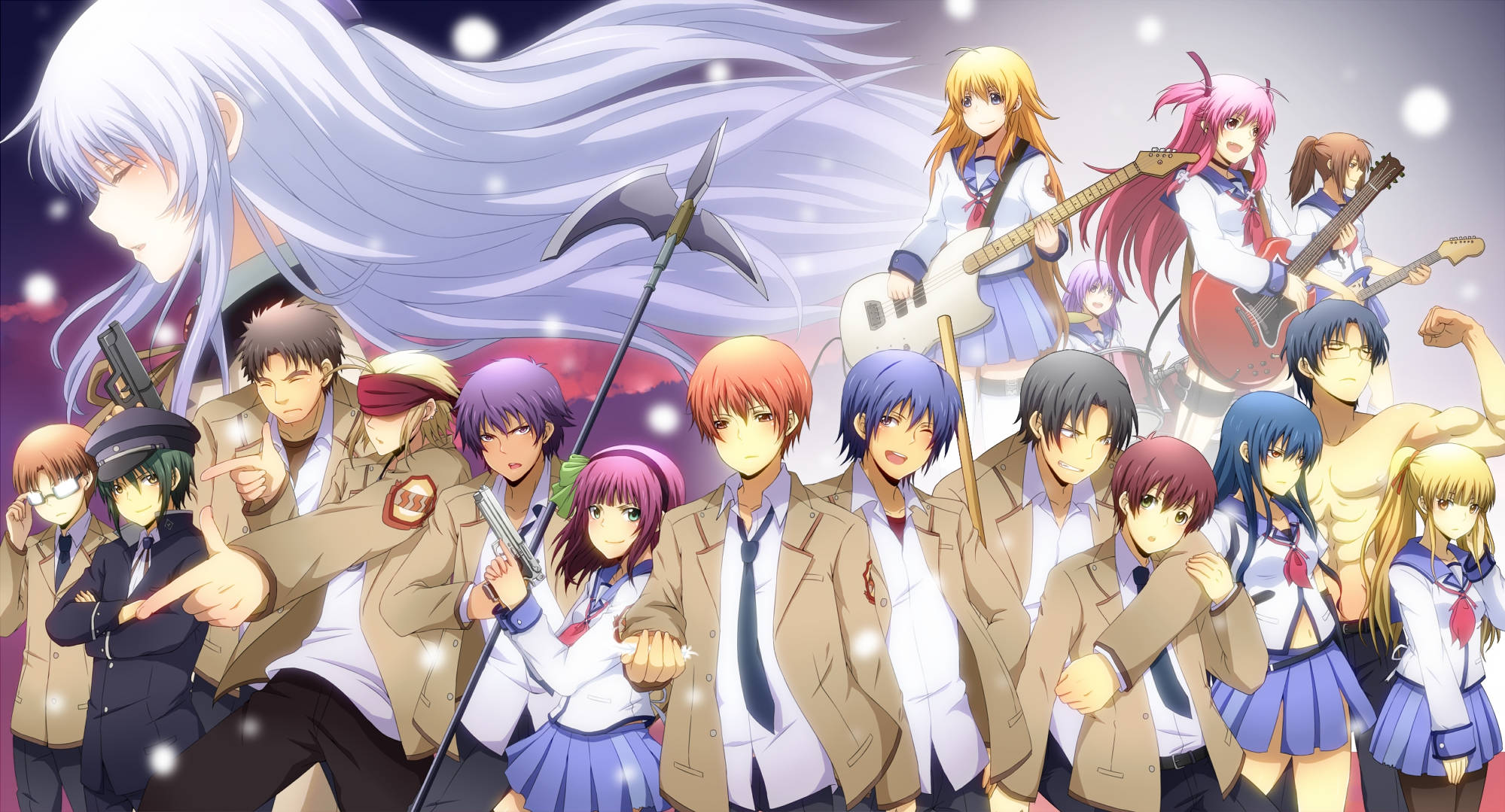 Angel Beats! 動畫海報 壁紙 — 一群充滿活力的動漫學生穿著校服，在雪黃昏的天空下拿著武器和結他擺姿勢。
