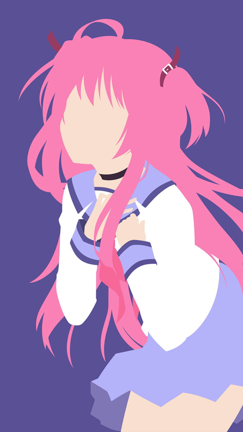 《Angel Beats!》極簡動畫手機壁紙 - 喬伊 壁紙 — 一個風格化的動漫女孩，粉紅色頭髮和小角，穿著水手服，背景是純紫色。