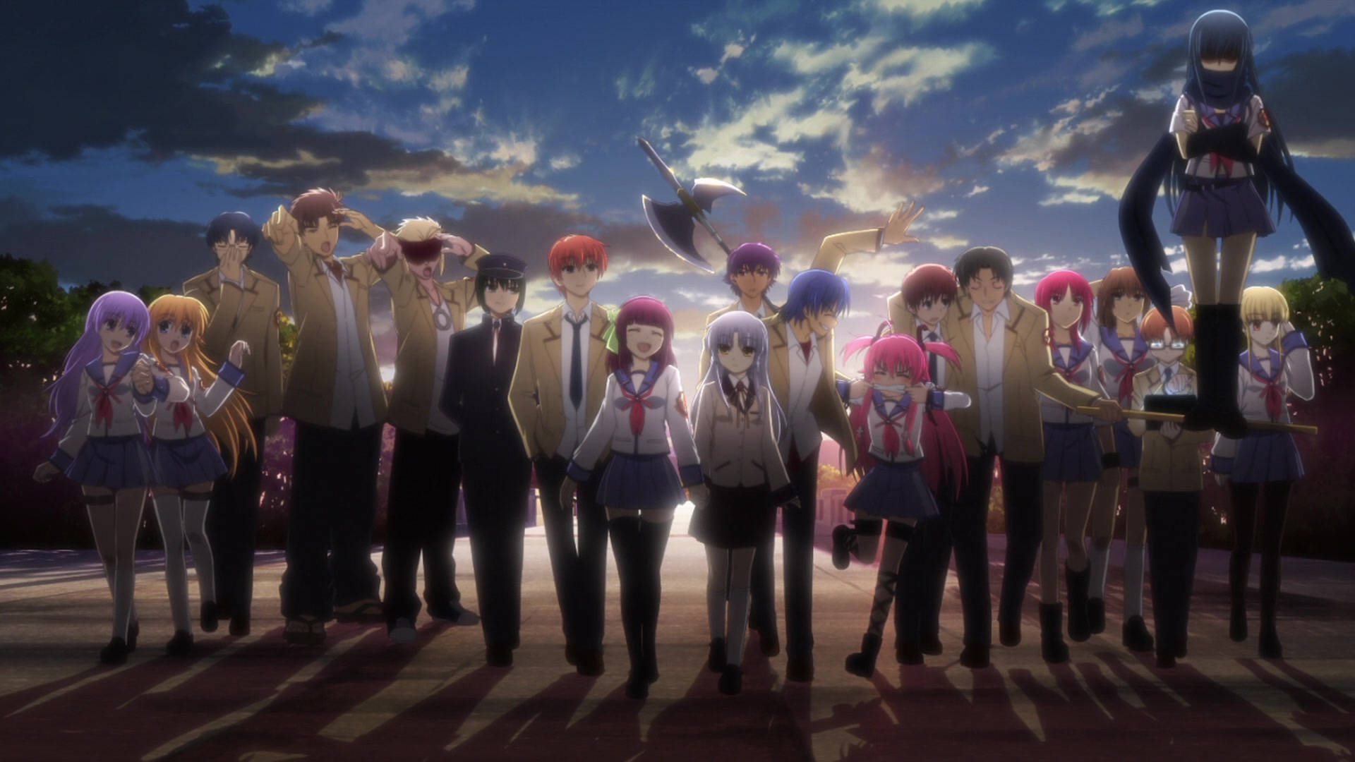 Angel Beats! 集體角色 壁紙 — 一群穿著校服的動漫學生在暮色天空和戲劇性雲彩下愉快地擺姿勢。