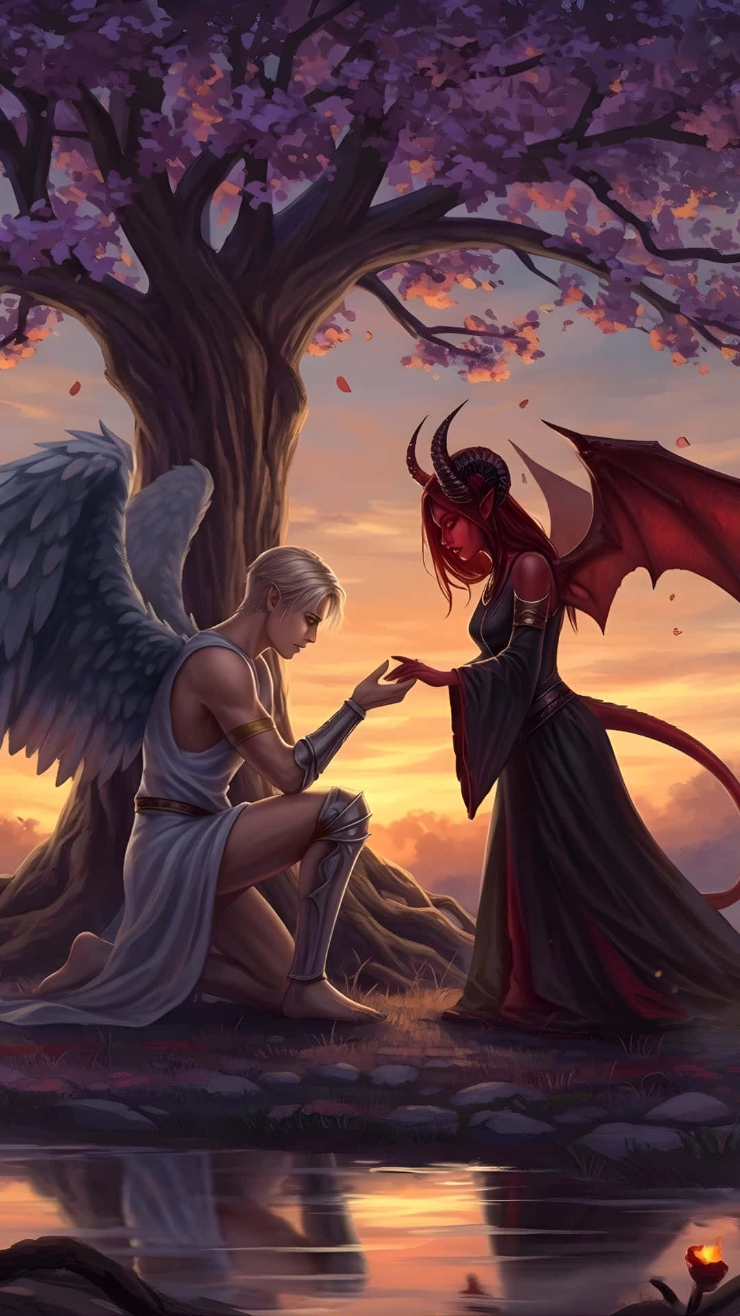  壁紙 — 一位天使在日落時分跪在一個紅皮膚的女惡魔面前，他們在一棵盛開的紫色樹下牽著手。
