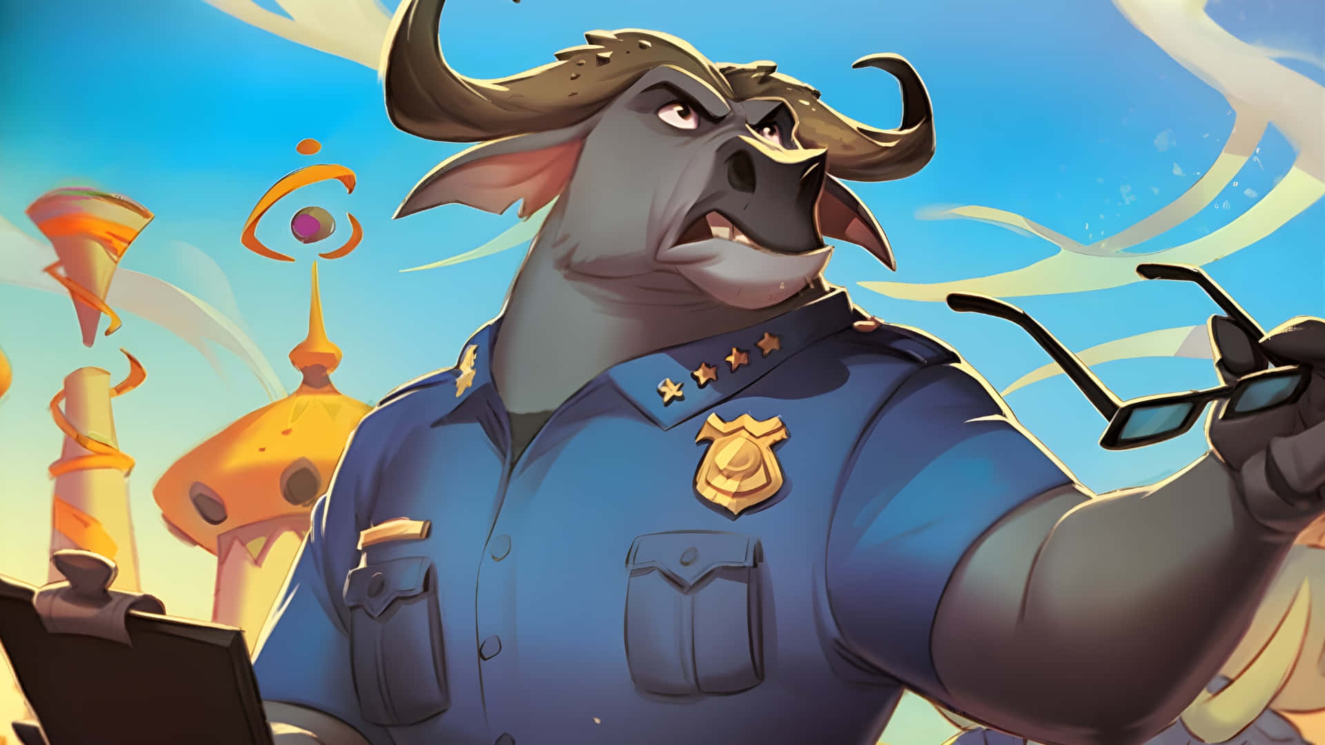  壁紙 — 一頭憤怒的公牛警察穿著藍色制服，在充滿活力的天空和奇特的建築背景下拿著眼鏡。