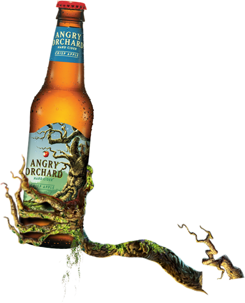 Angry Orchard 硬蘋果醋瓶 壁紙 — 一個冰凍的Angry Orchard烈性蘋果酒瓶，瓶身纏繞著一條彎曲的蘋果樹枝，背景為白色。