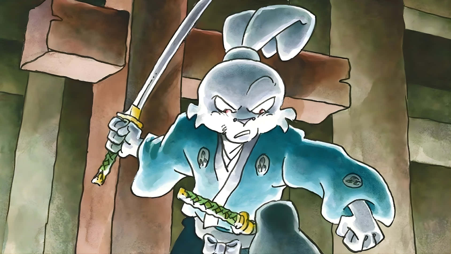  壁紙 — 一隻憤怒的兔子武士身穿藍色盔甲，在木結構內揮舞著武士刀。