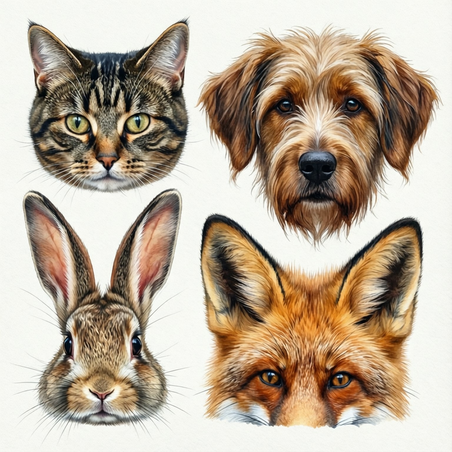 四個動物頭像：貓、狗、兔子和狐狸的網格插圖
