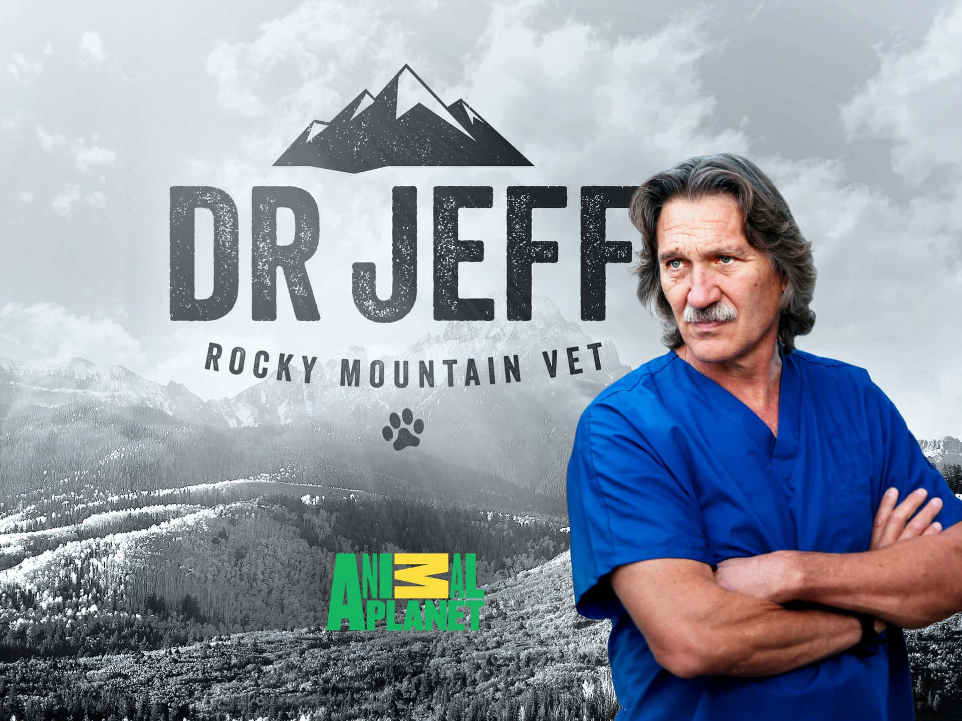 穿著藍色手術服的獸醫Dr Jeff交叉雙臂站在雪山背景下。