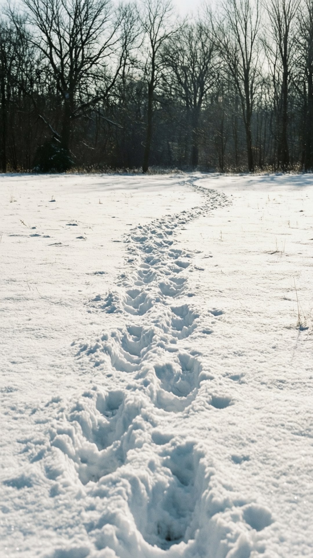 Meadow 桌布 壁紙 — 一條蜿蜒的動物足跡穿過一片純淨的雪地，兩旁是光禿禿的冬季樹木。