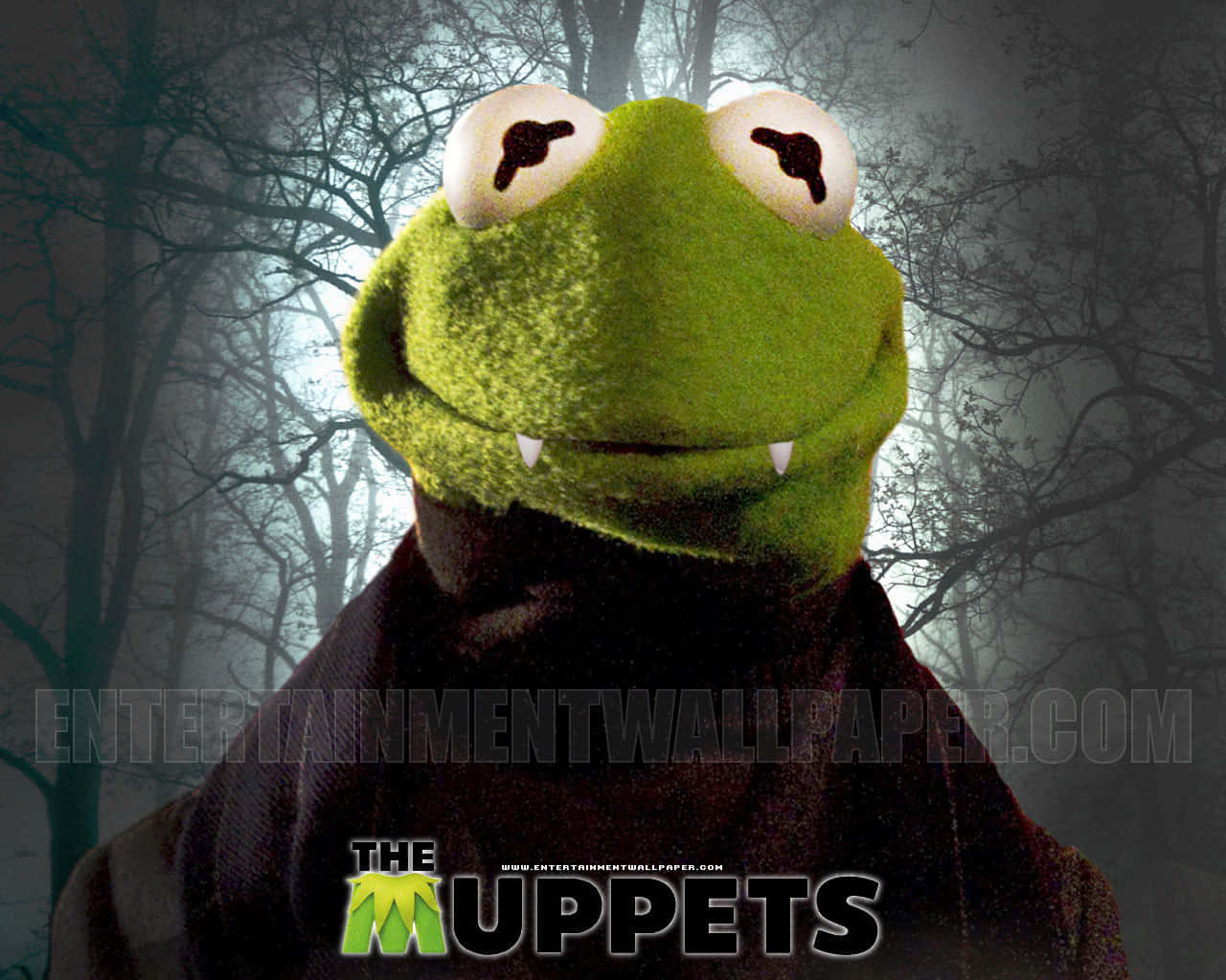 夜晚喺恐怖森林入面有獠牙嘅Kermit the Frog。