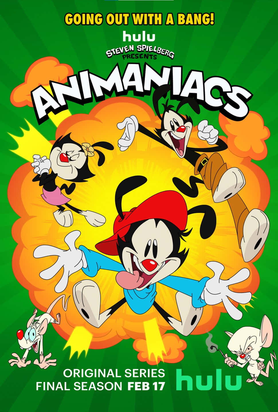 Animaniacs 統治娛樂世界的精彩時刻 壁紙 — 三個卡通角色從熾熱的爆炸中衝出，背景是充滿活力的綠色，並以粗體文字宣佈Animaniacs最終季。