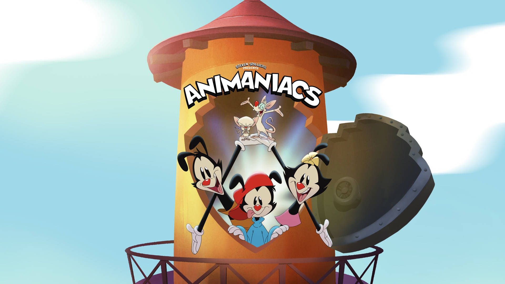 三個動畫角色從帶有 'Animaniacs' 標誌的水塔中探出頭來。