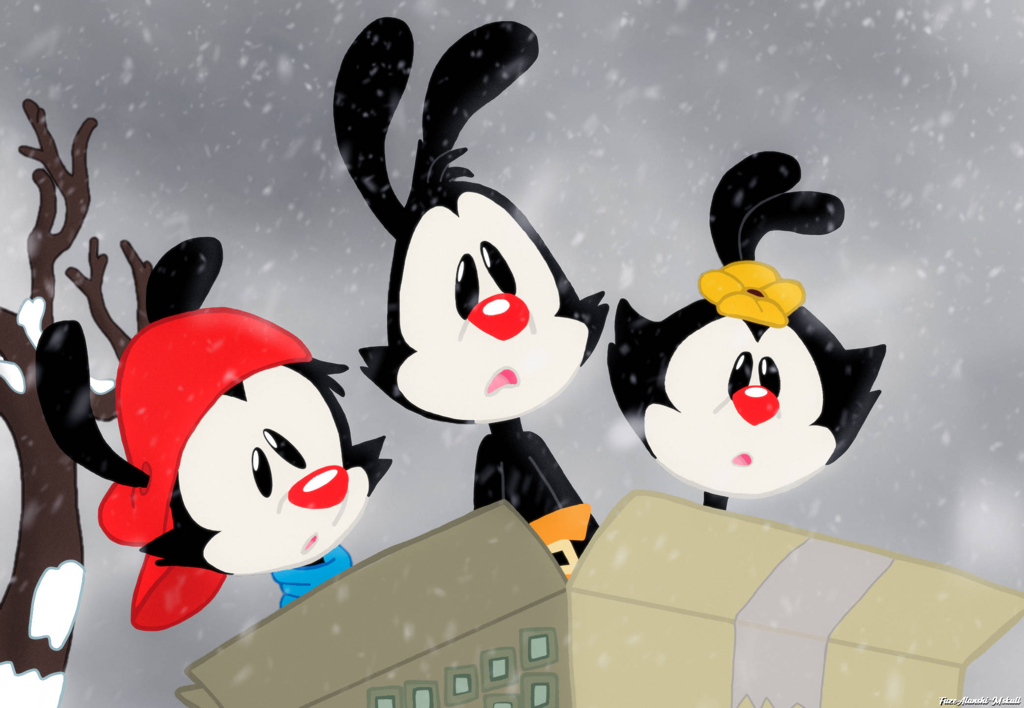 Animaniacs 威納家族雪中現身 壁紙 — 三個紅鼻子的卡通角色在雪花飄落的雪景中從屋頂上探出頭來。