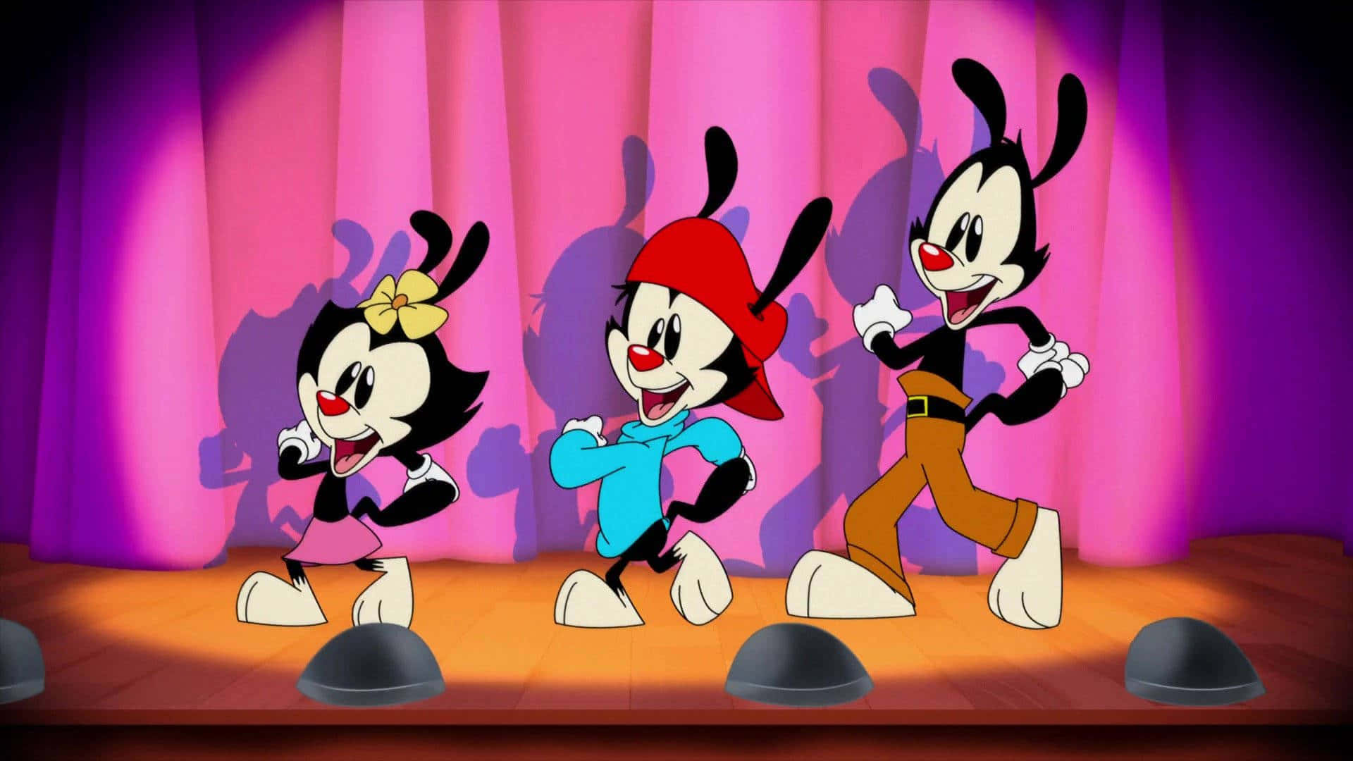 Animaniacs —— 常常惹禍 壁紙 — 三個經典卡通角色在溫暖的聚光燈下，在充滿活力的粉紅色帷幕前快樂地跳舞。