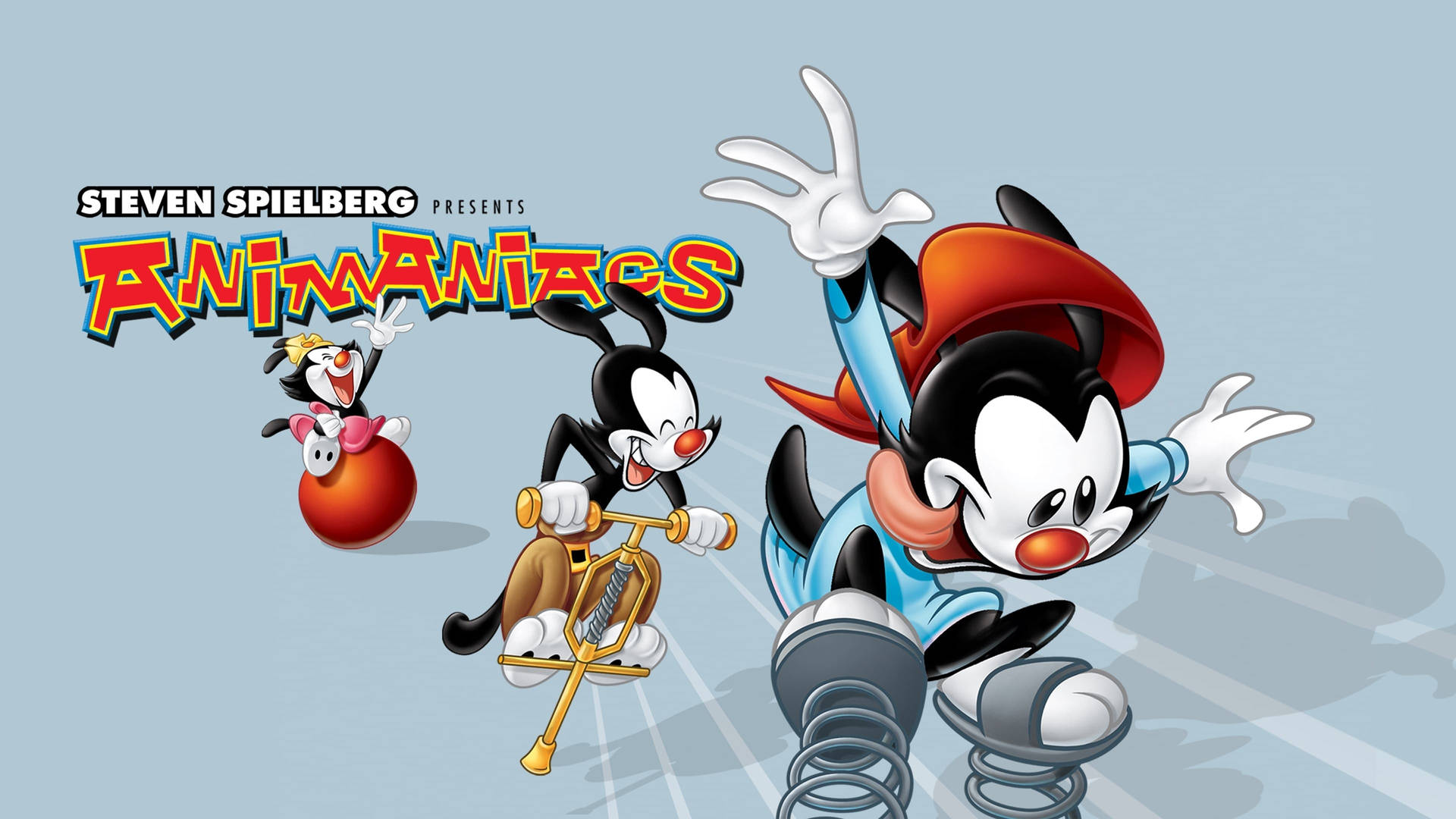 三個 Animaniacs 角色帶著快樂的表情和運動線條奔跑。