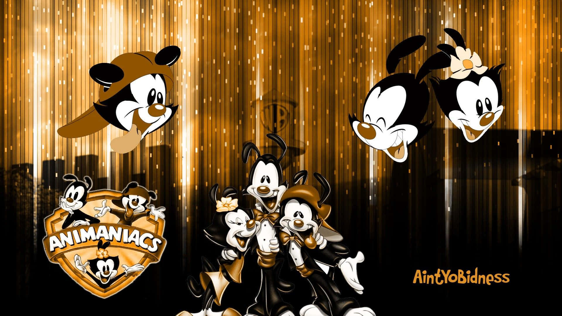 Animaniacs 的 Yakko、Wakko 與 Dot 準備開心玩樂！ 壁紙 — 三個黑白動畫角色帶有金色點綴，在閃爍的金色窗簾背景下快樂地漂浮。
