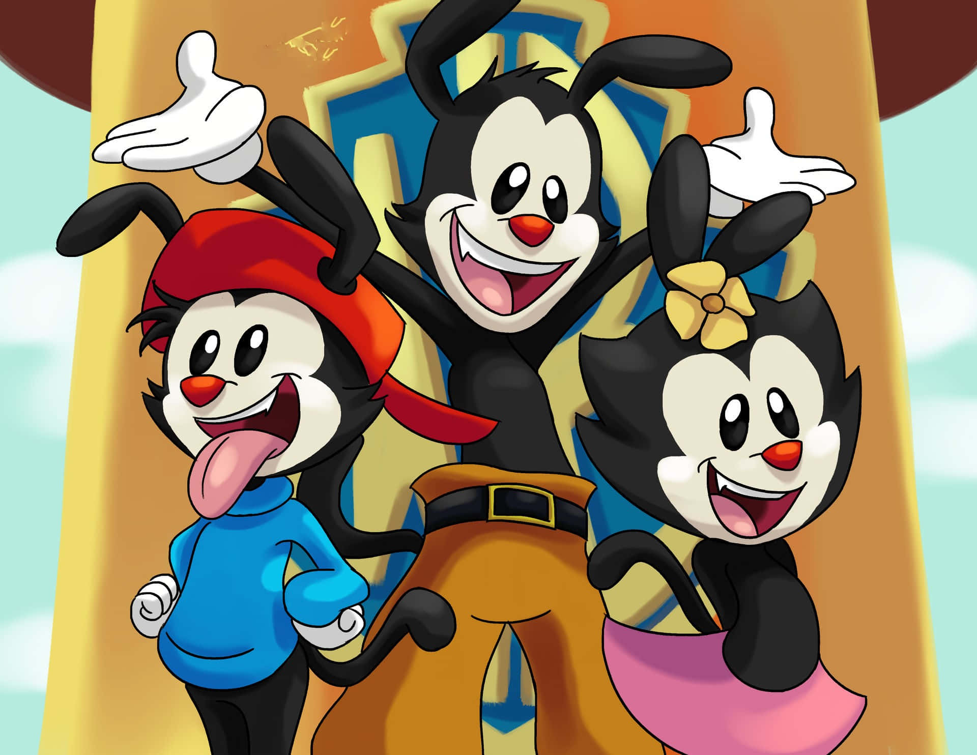 Animaniacs 讓學習變有趣 壁紙 — 三隻穿著色彩繽紛服裝的快樂卡通兔子在明亮的黃色背景前愉快地擺姿勢。